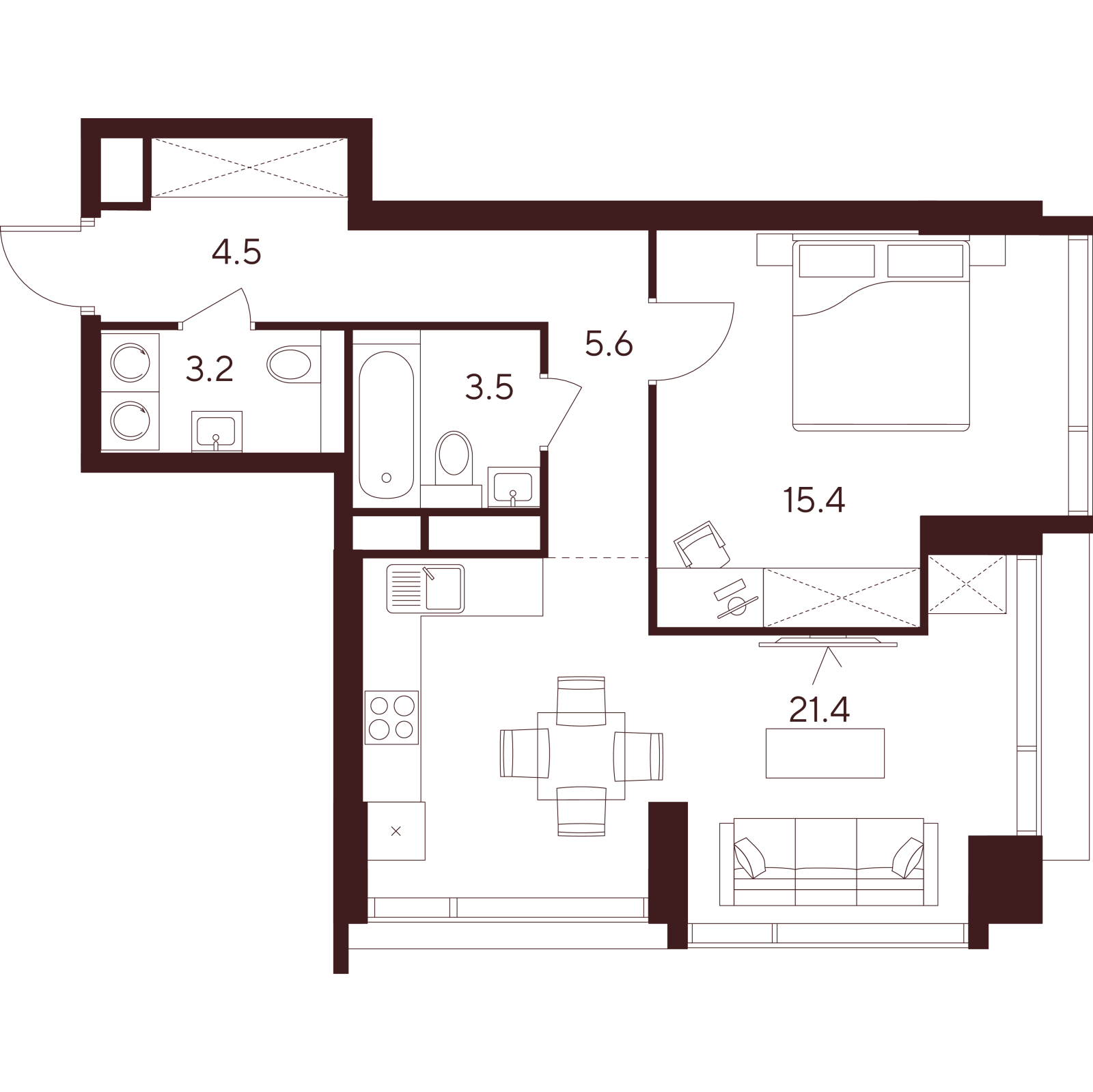 Планировка: 2-комнатная квартира, 53,6 м²