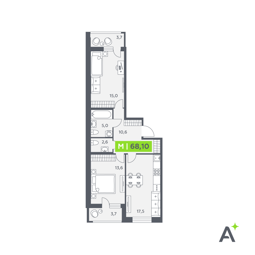 Планировка: 3-комнатная квартира, 68,1 м²