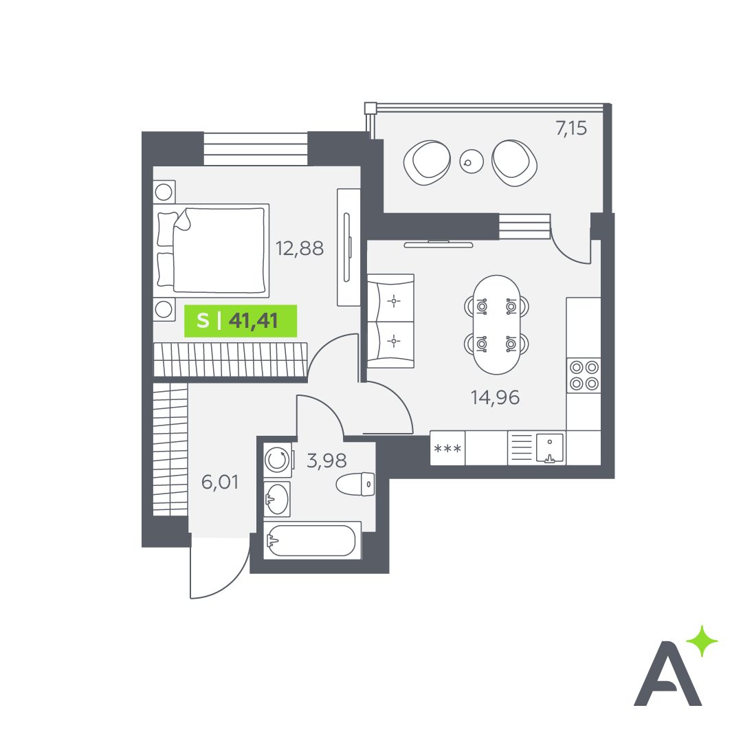 Планировка: 2-комнатная квартира, 41,4 м²