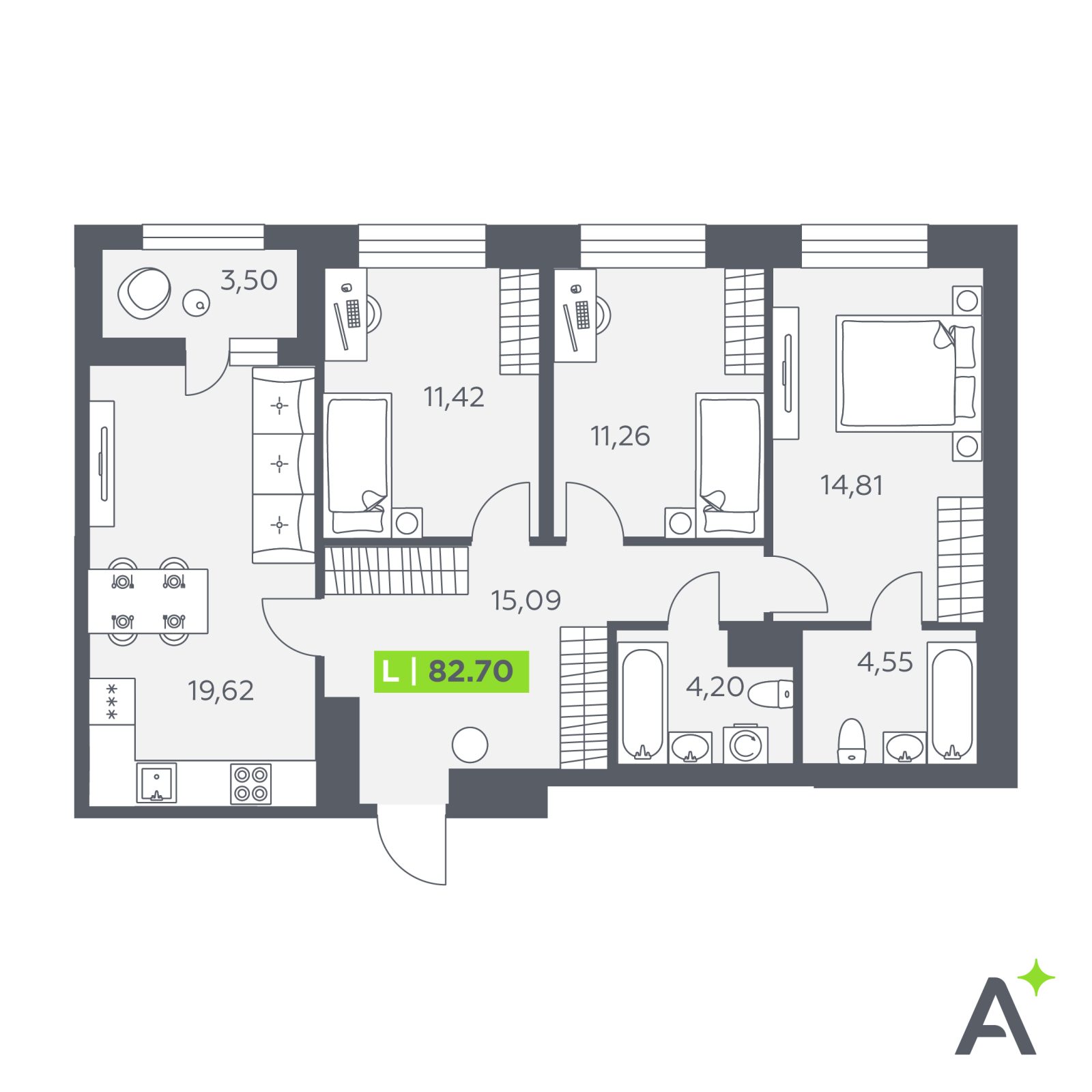 Планировка: 4-комнатная квартира, 82,7 м²