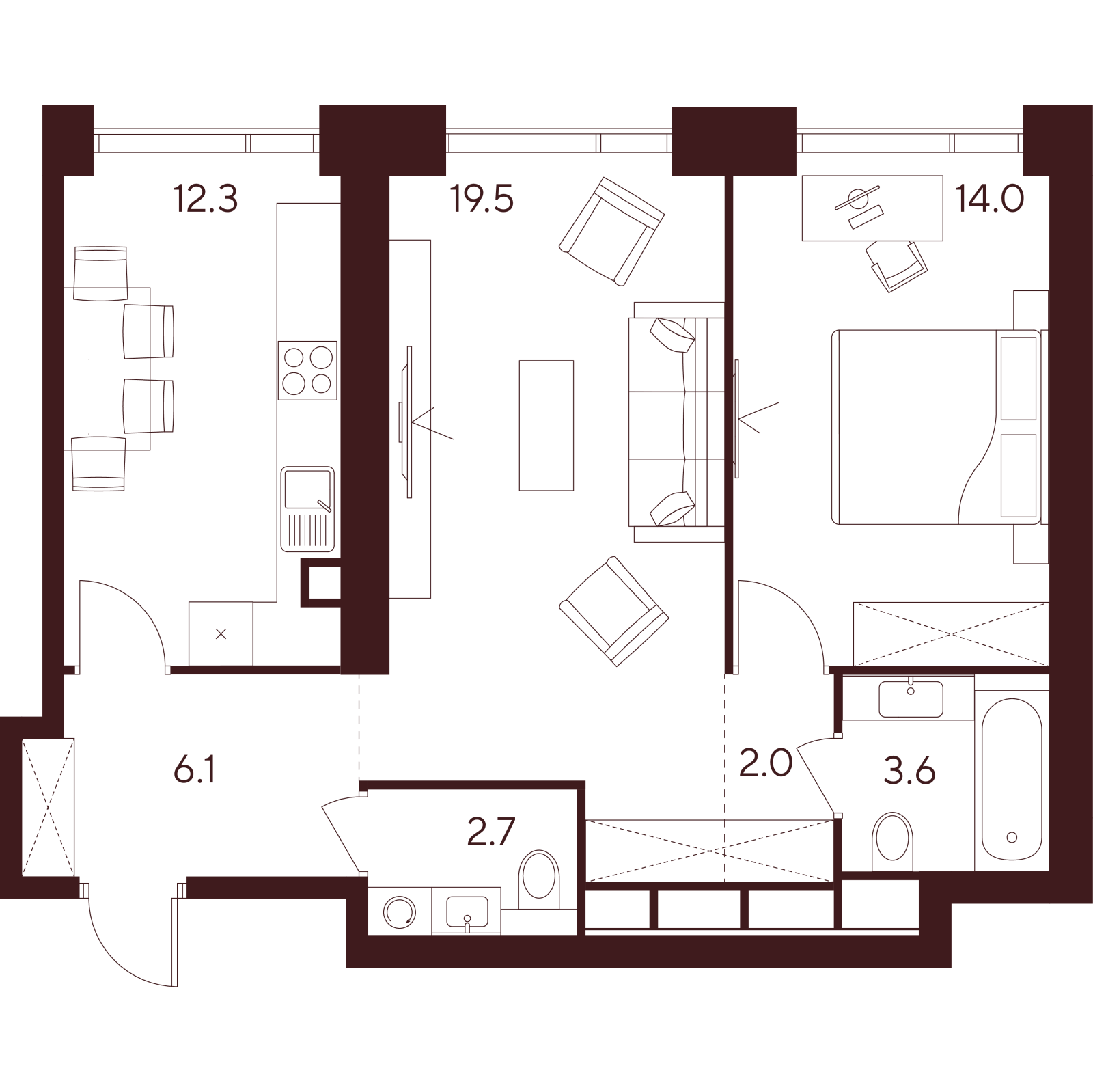 Планировка: 2-комнатная квартира, 60,2 м²