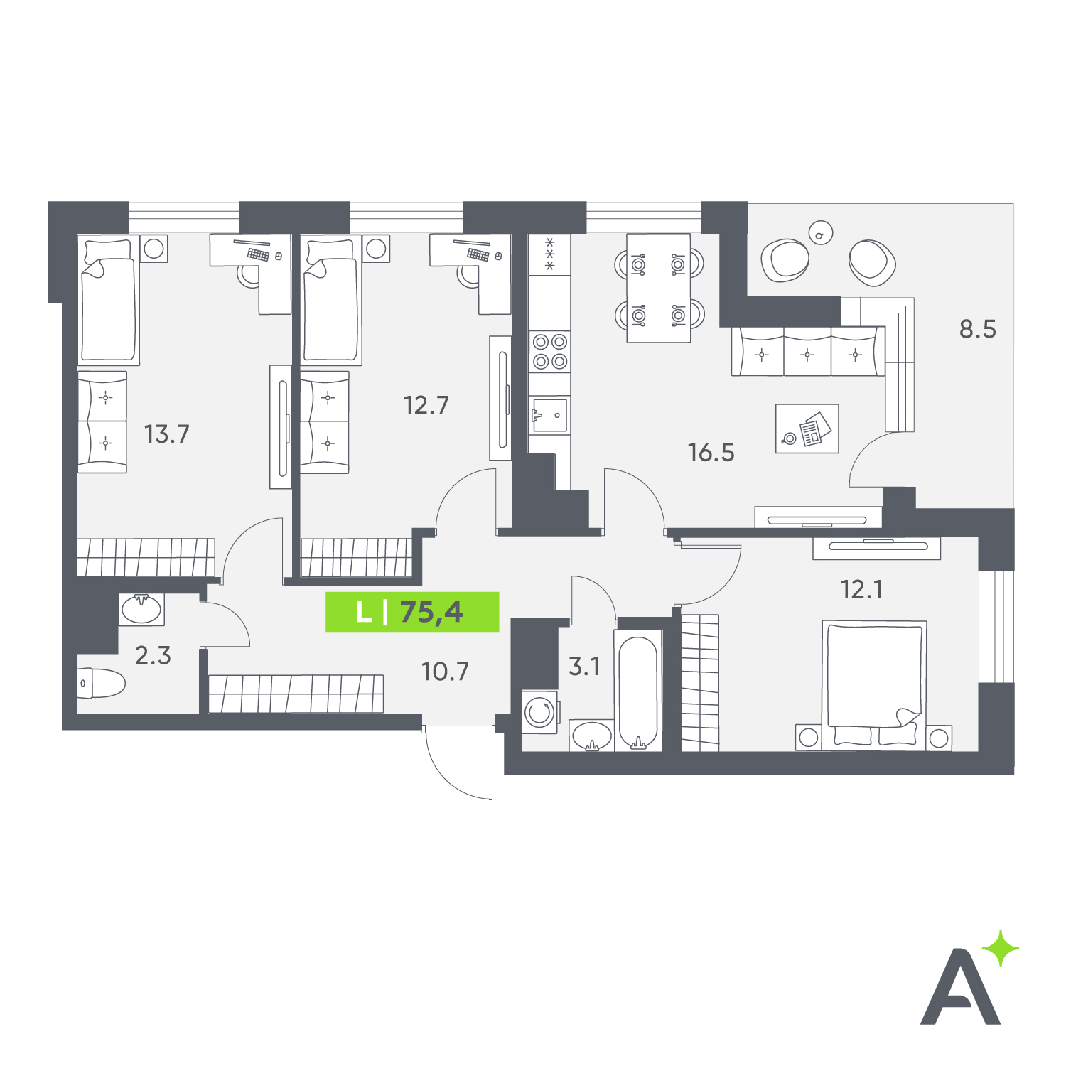 Планировка: 4-комнатная квартира, 75,4 м²