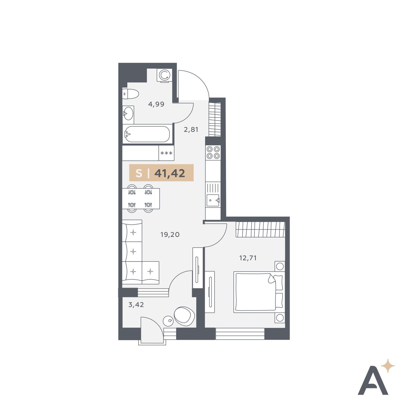 Планировка: 2-комнатная квартира, 41,4 м²