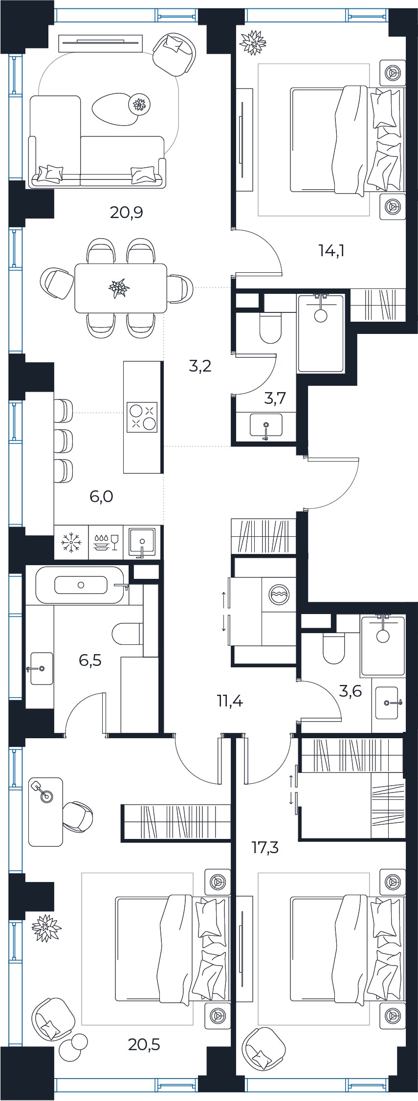 Планировка: 3-комнатная квартира, 107,2 м²