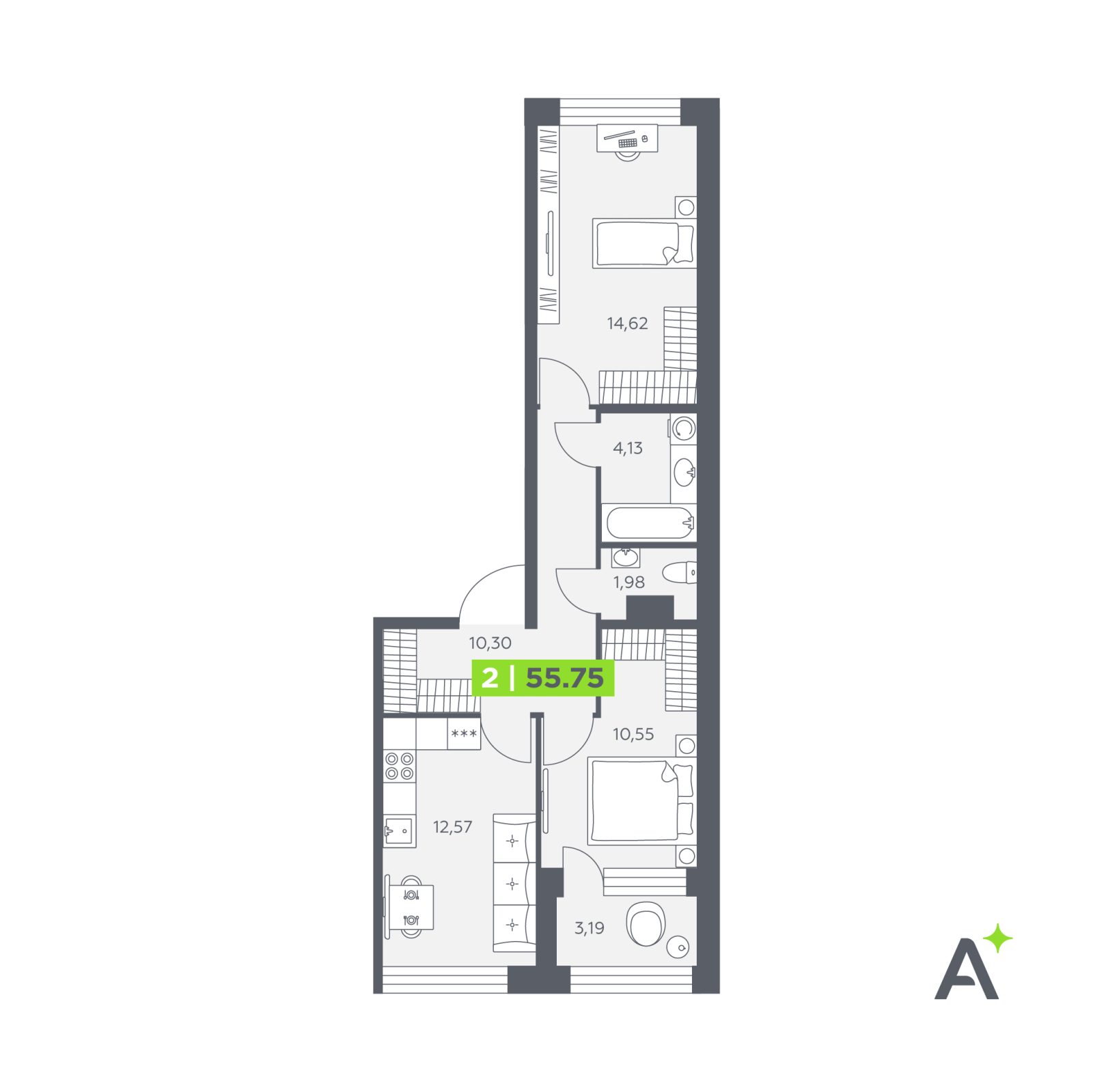 Планировка: 2-комнатная квартира, 55,8 м²
