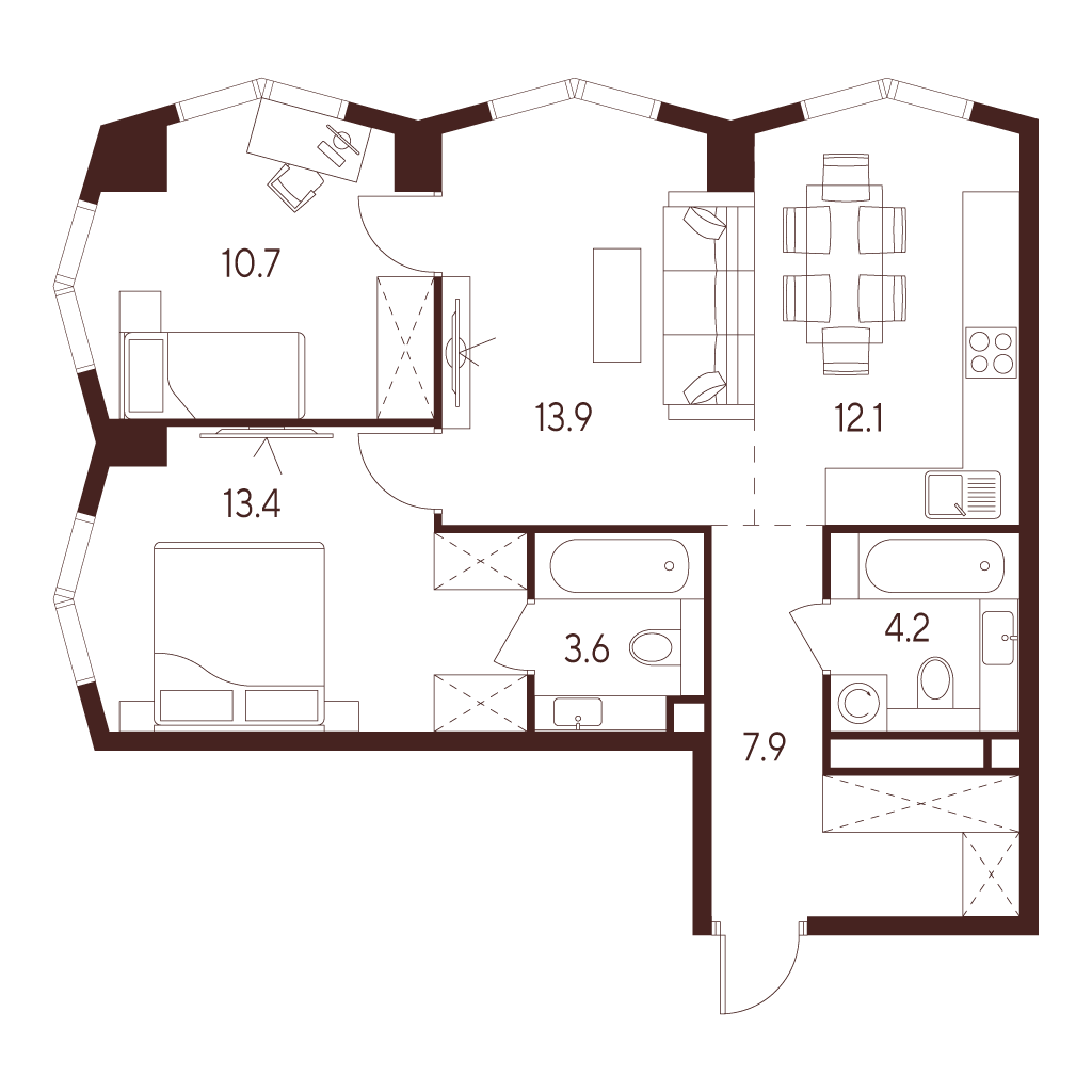 Планировка: 3-комнатная квартира, 65,8 м²