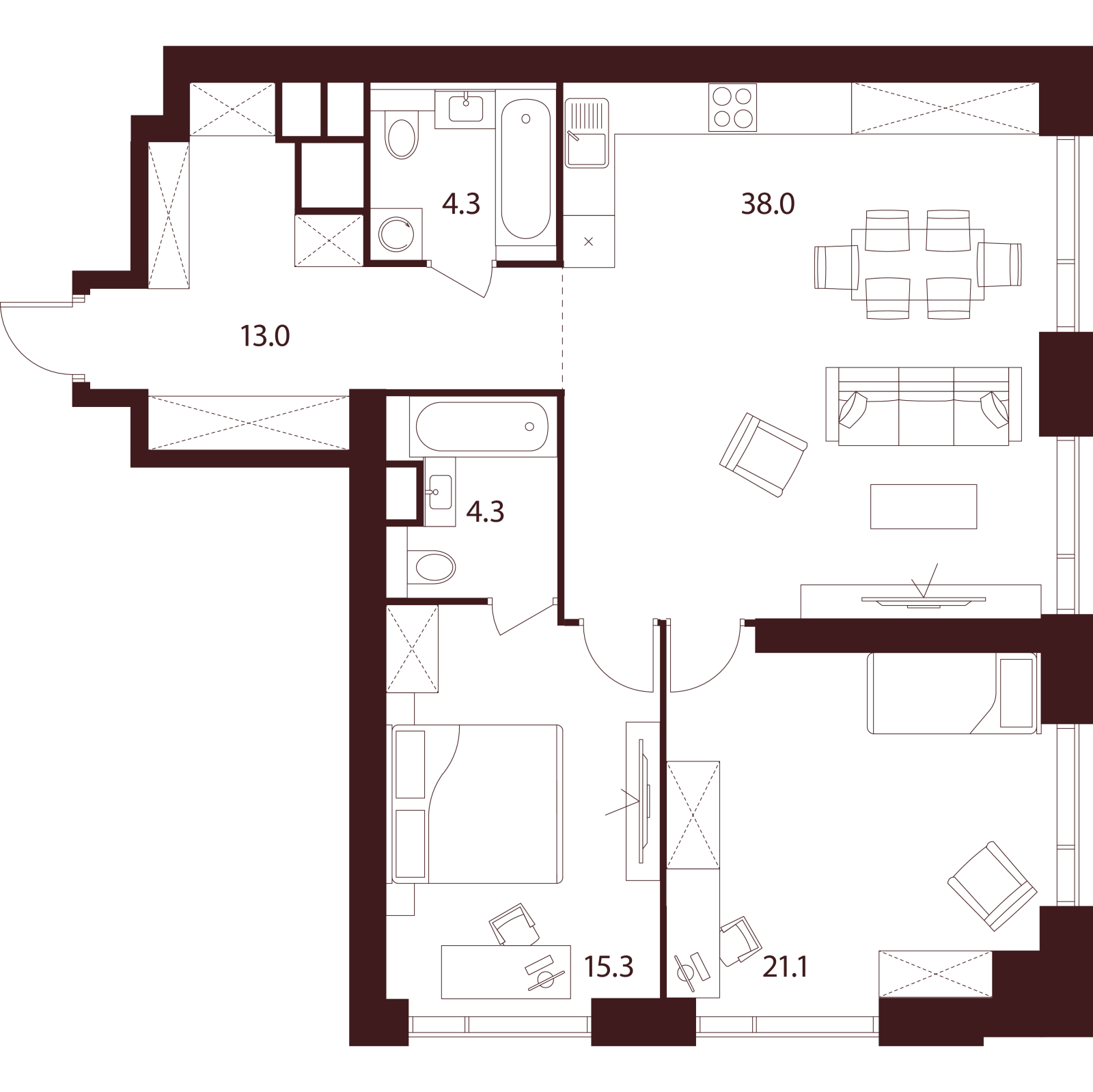 Планировка: 3-комнатная квартира, 96,0 м²