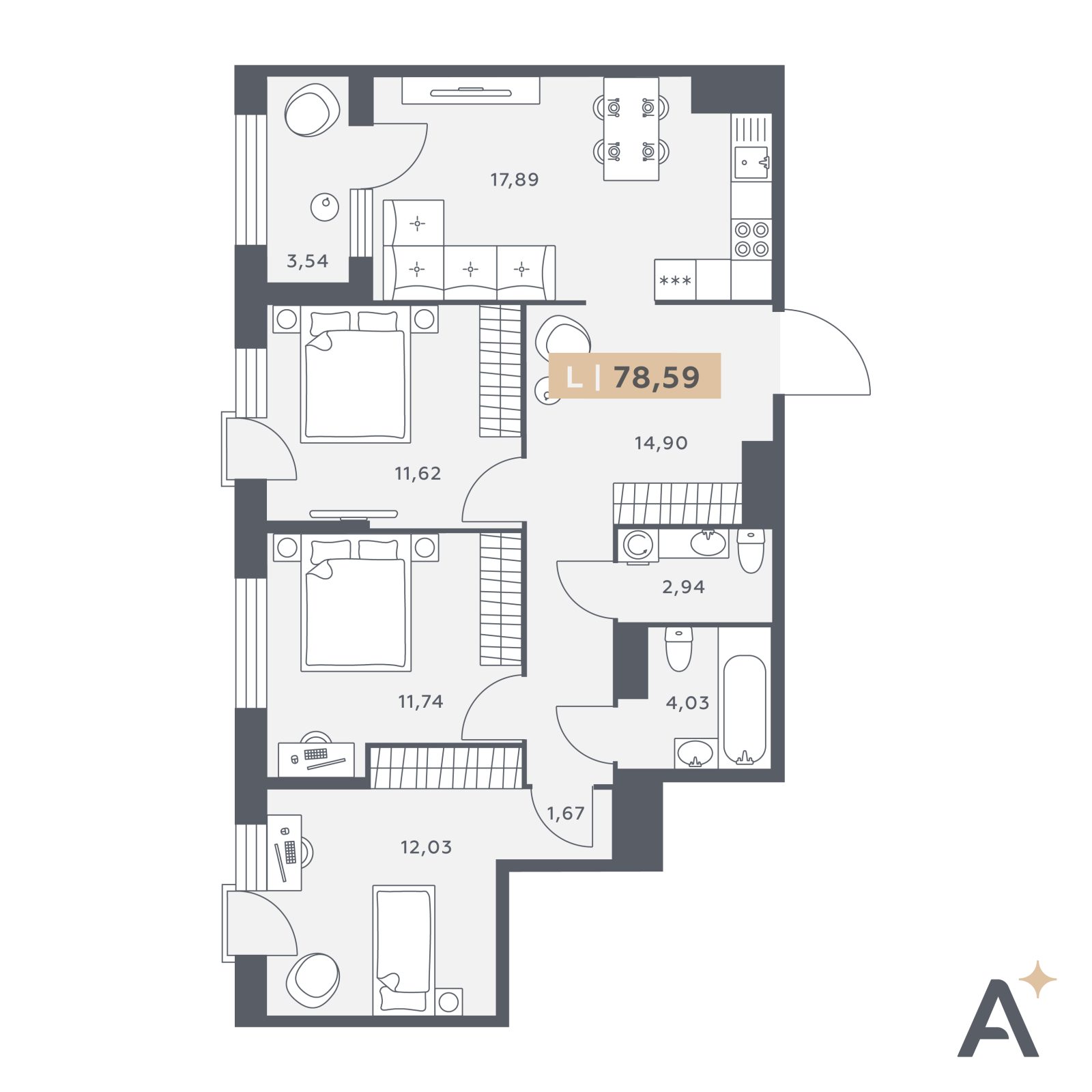 Планировка: 4-комнатная квартира, 78,6 м²