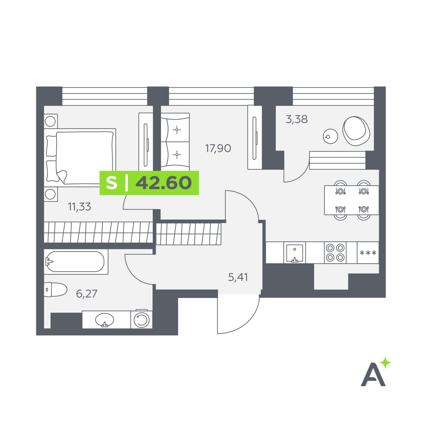 Планировка: 2-комнатная квартира, 42,6 м²