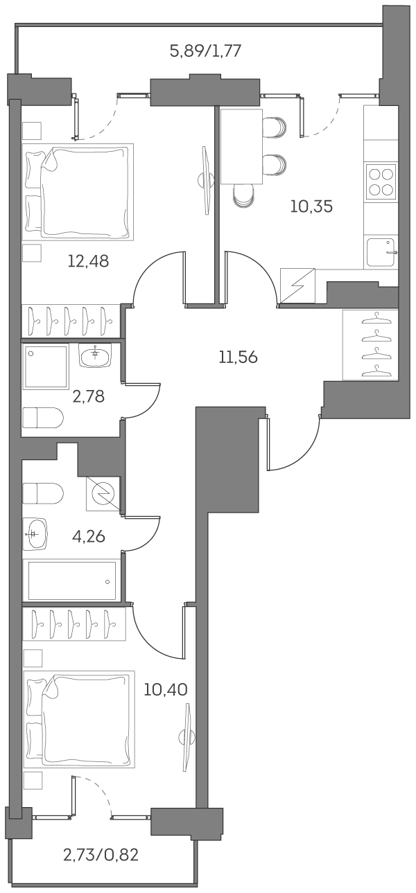 Планировка: 2-комнатная квартира, 54,4 м²