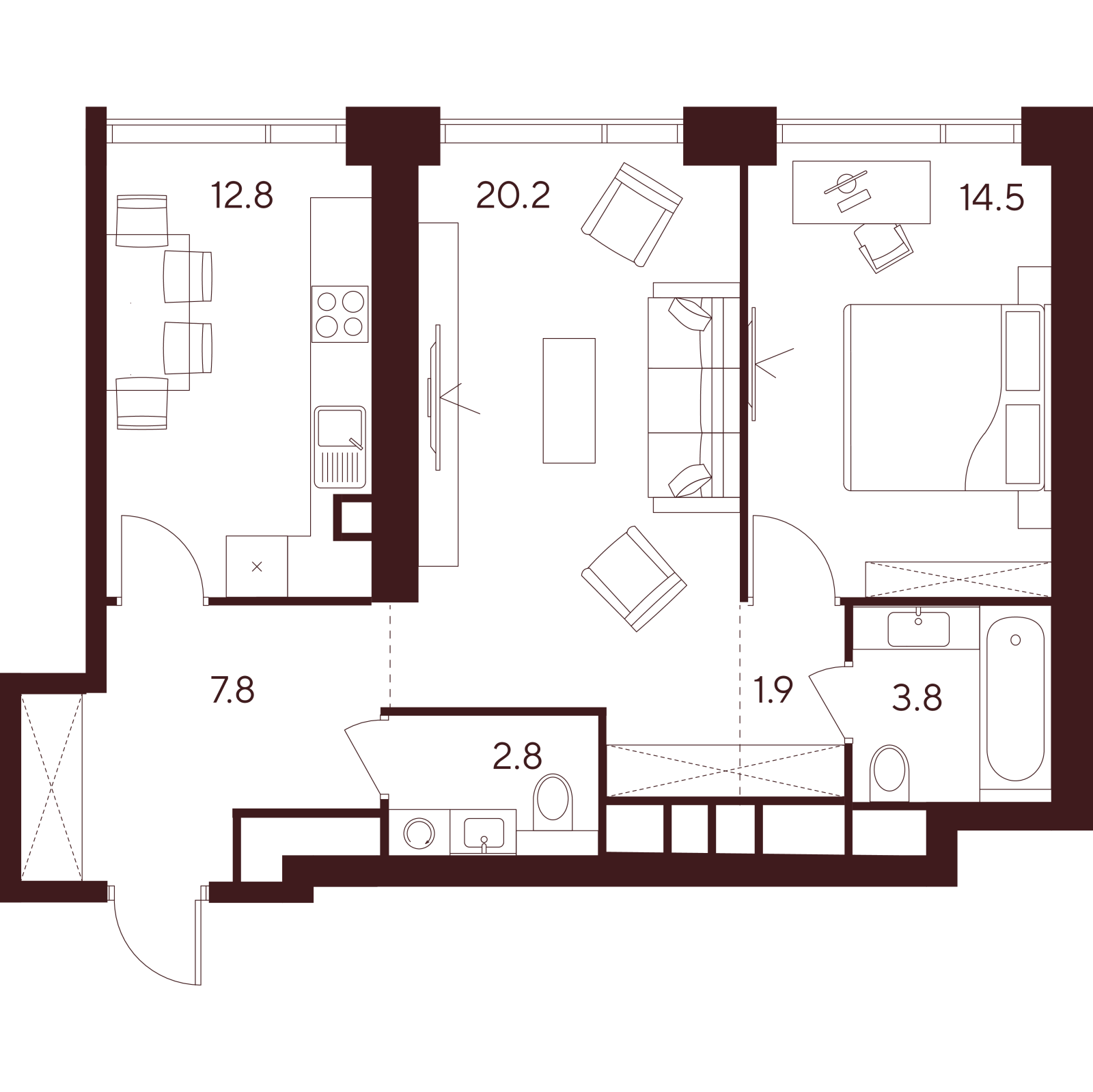 Планировка: 2-комнатная квартира, 63,8 м²