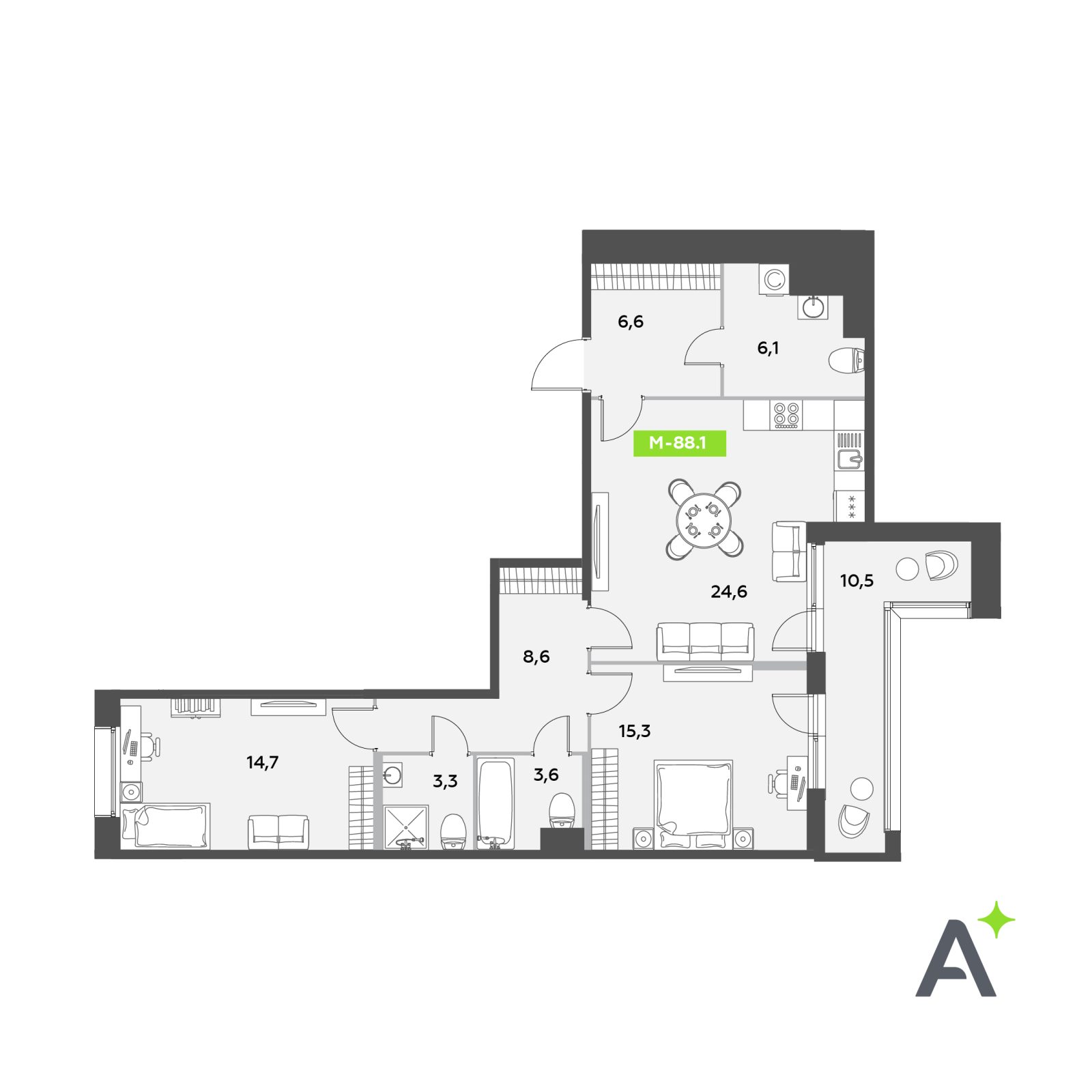 Планировка: 3-комнатная квартира, 88,1 м²