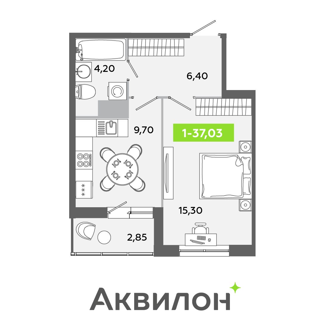 Планировка: 1-комнатная квартира, 37,0 м²