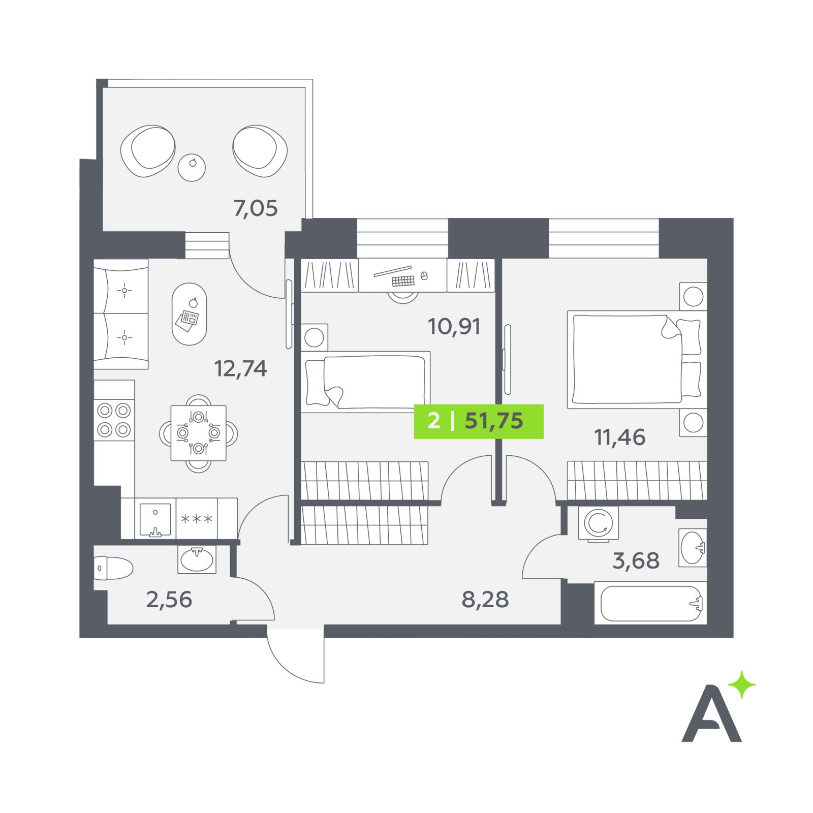Планировка: 2-комнатная квартира, 51,8 м²