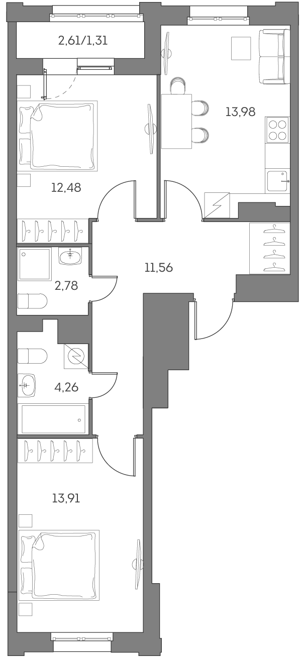 Планировка: 2-комнатная квартира, 60,3 м²