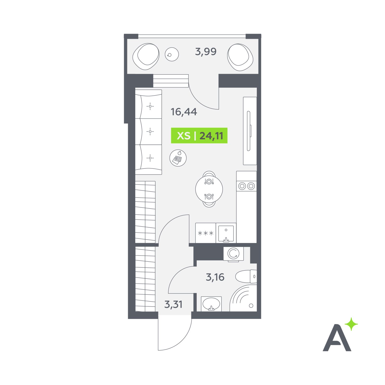 Планировка: студия, 24,1 м²