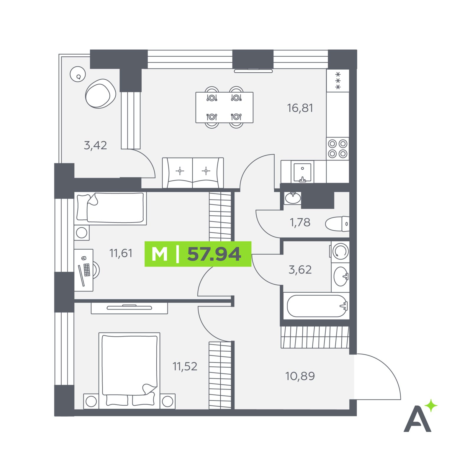 Планировка: 3-комнатная квартира, 57,9 м²