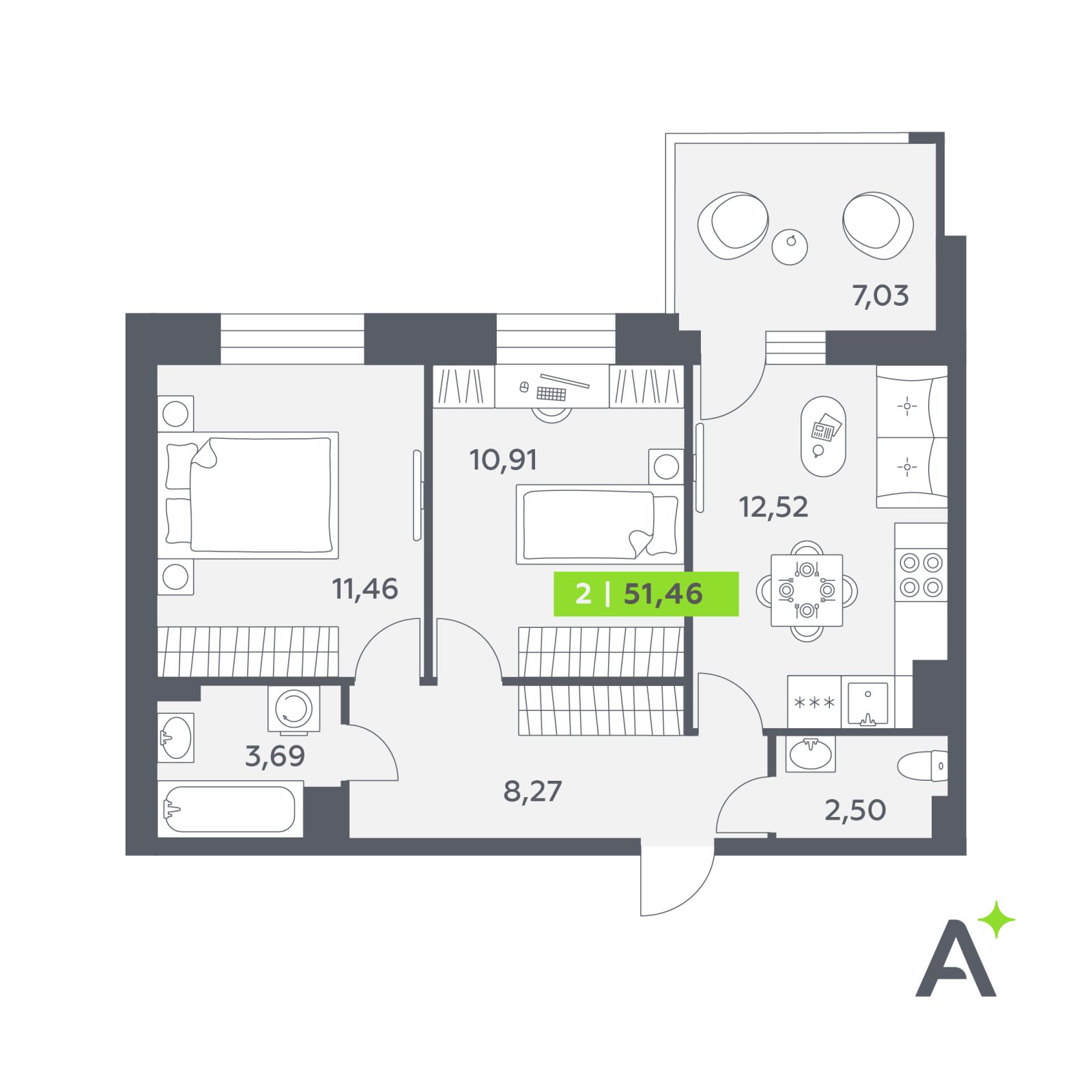 Планировка: 2-комнатная квартира, 51,5 м²