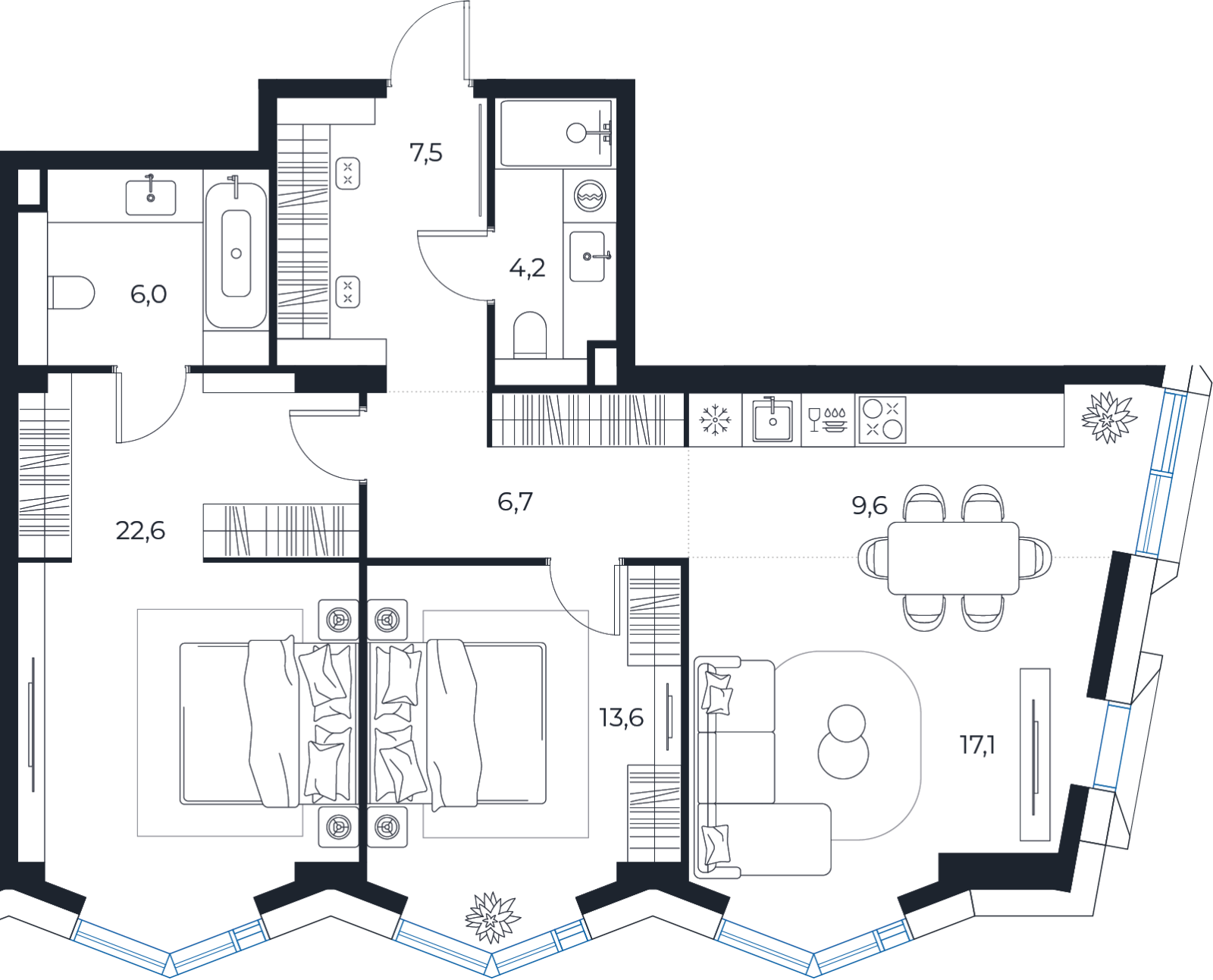 Планировка: 2-комнатная квартира, 87,3 м²