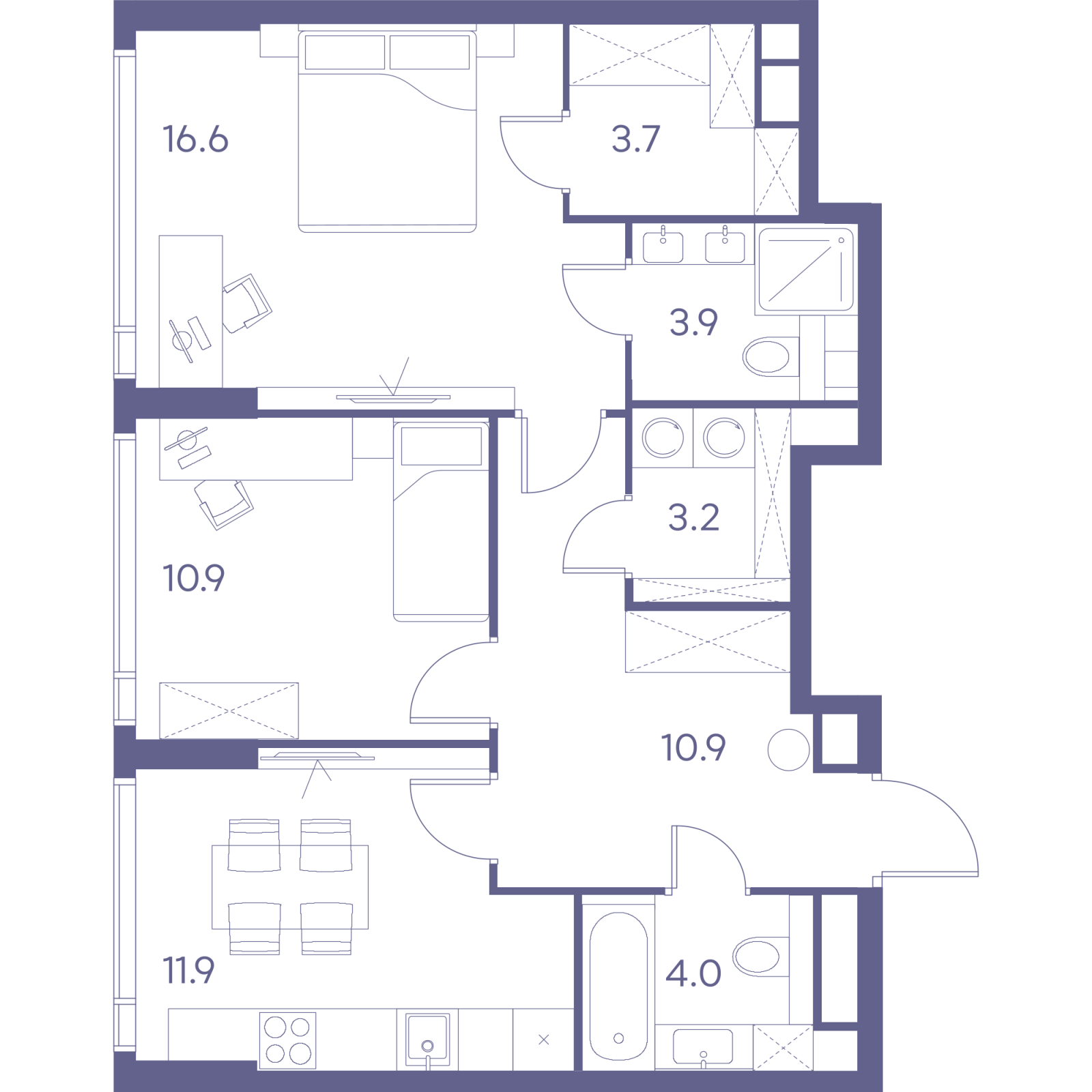 Планировка: 2-комнатная квартира, 65,1 м²
