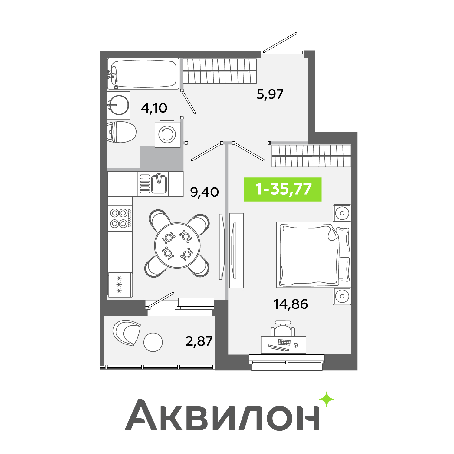Планировка: 1-комнатная квартира, 35,8 м²