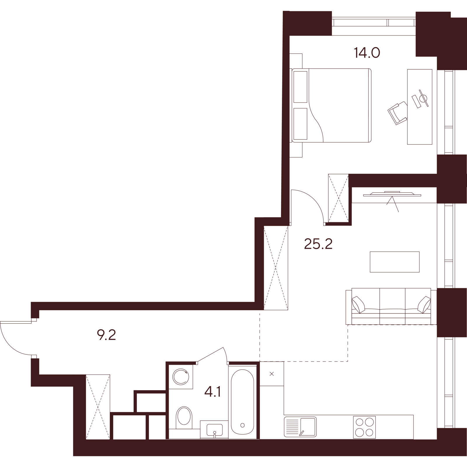 Планировка: 2-комнатная квартира, 52,5 м²