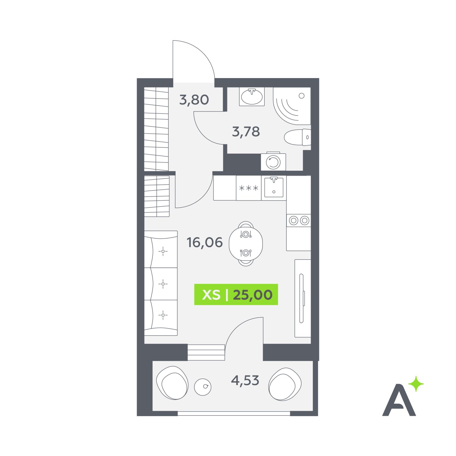 Планировка: студия, 25,0 м²