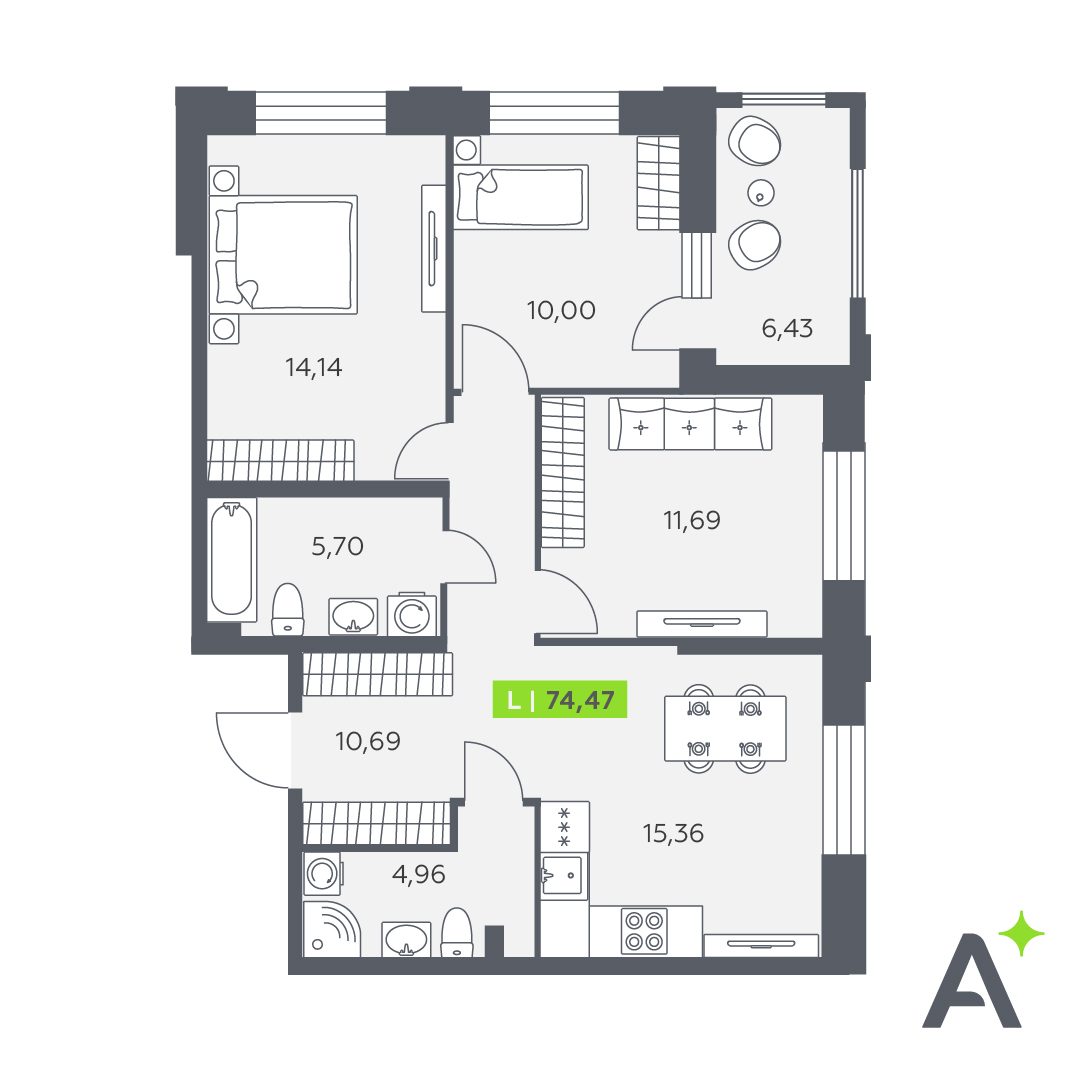 Планировка: 4-комнатная квартира, 74,5 м²