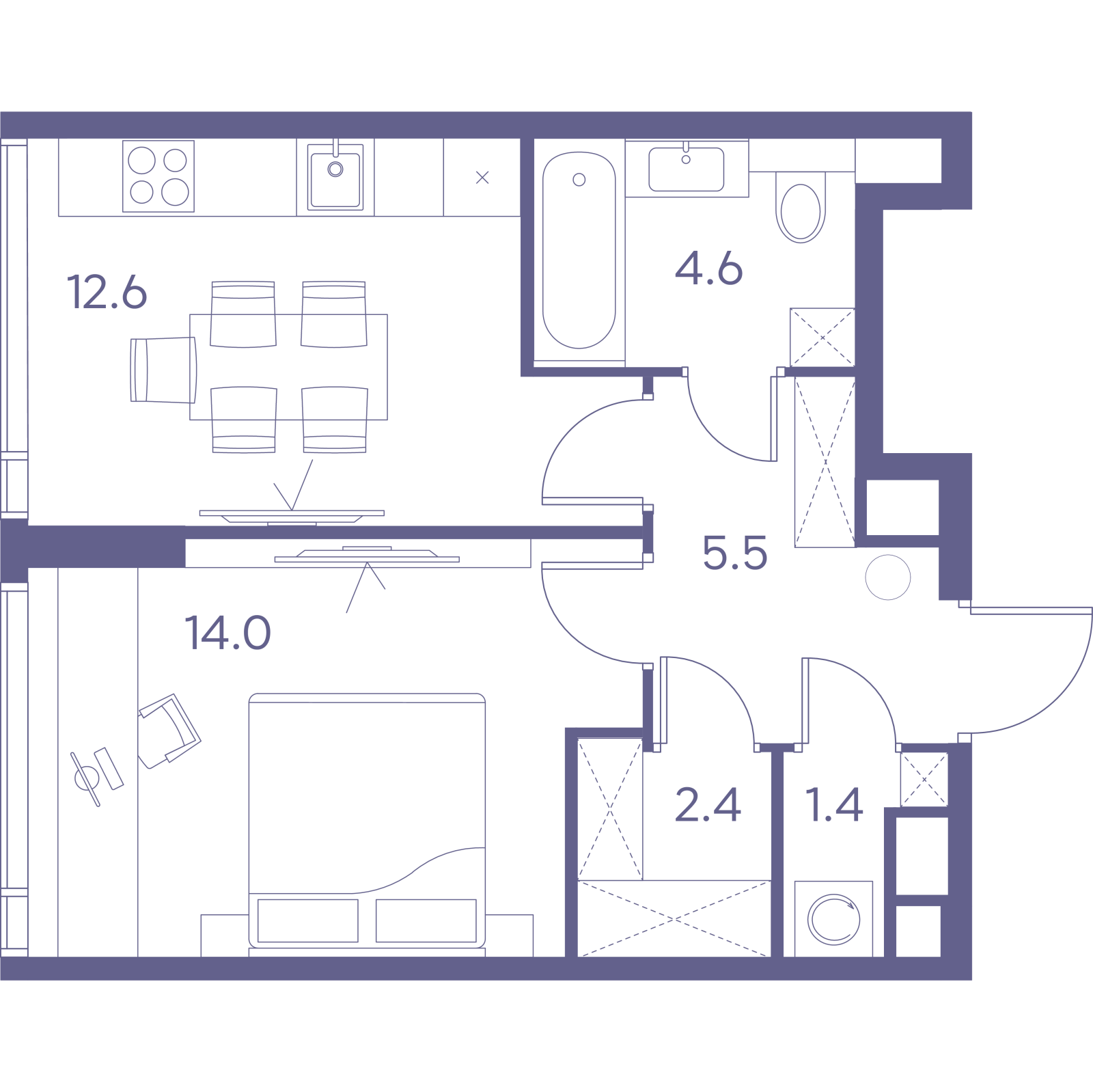 Планировка: 1-комнатная квартира, 40,5 м²