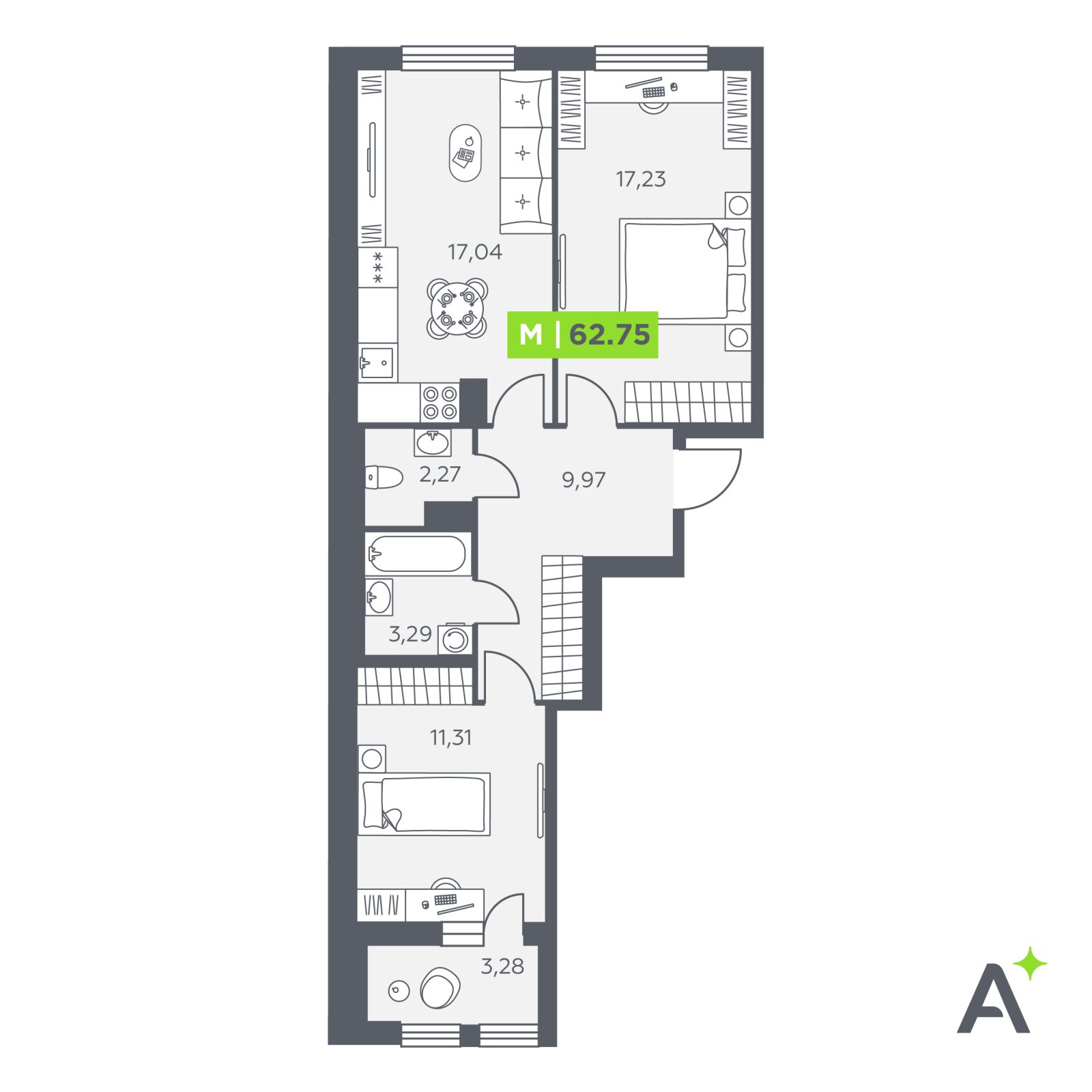 Планировка: 3-комнатная квартира, 62,8 м²