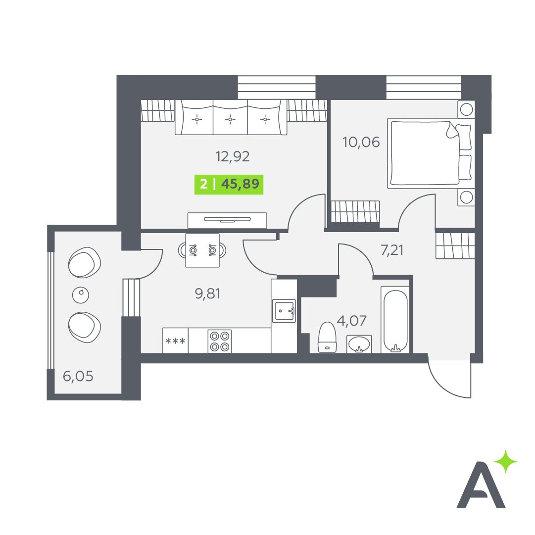 Планировка: 2-комнатная квартира, 45,9 м²