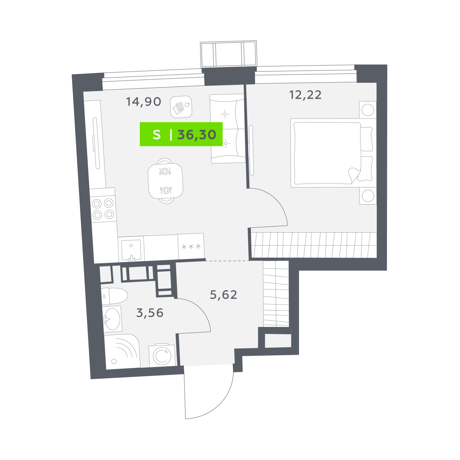 Планировка: 2-комнатная квартира, 36,3 м²
