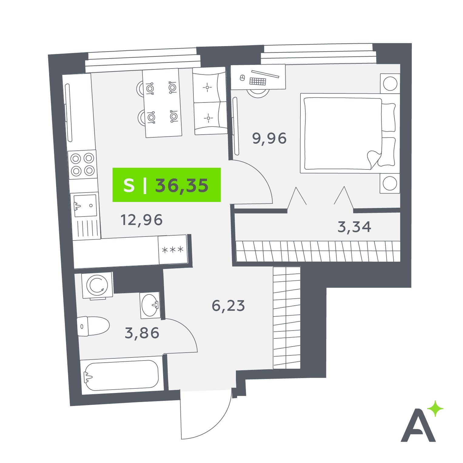 Планировка: 2-комнатная квартира, 36,4 м²