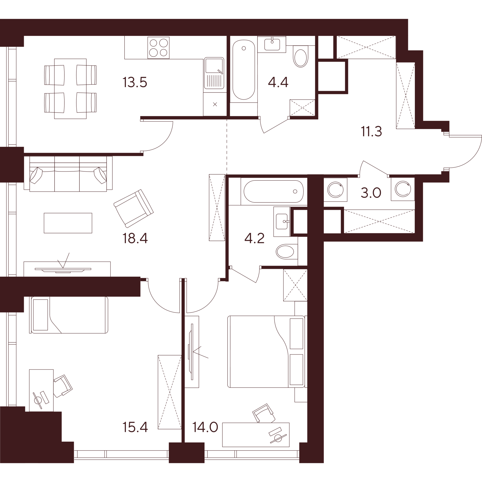 Планировка: 3-комнатная квартира, 84,2 м²