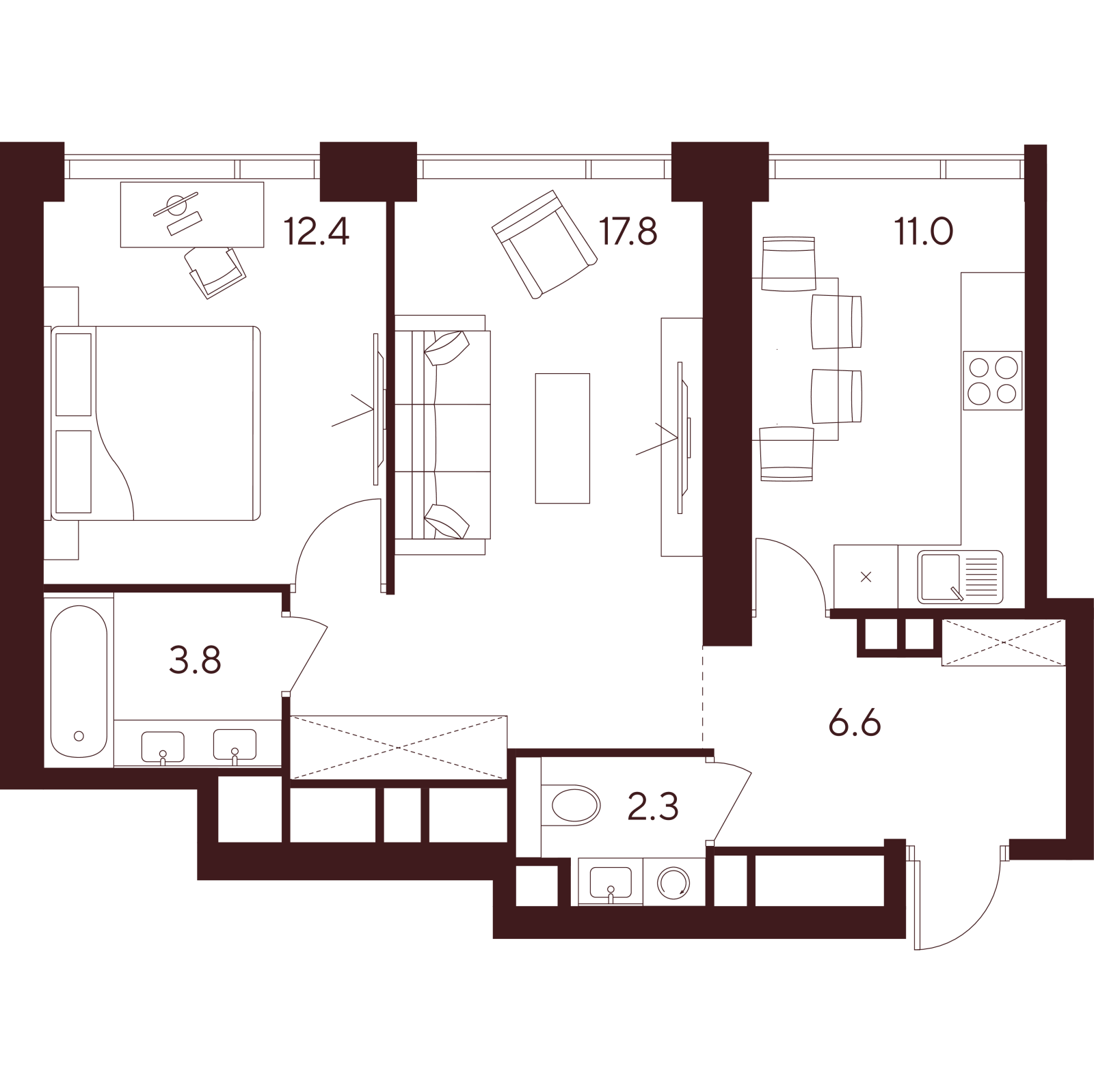 Планировка: 2-комнатная квартира, 53,9 м²