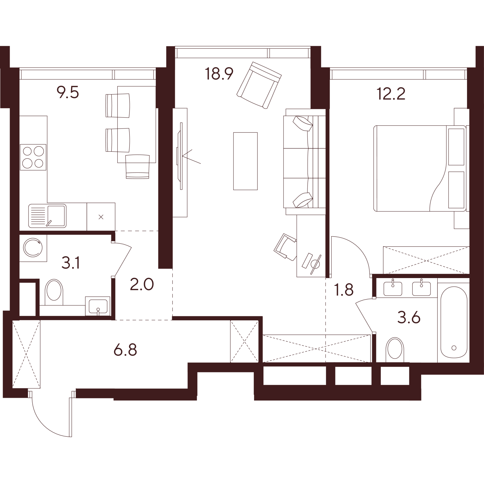 Планировка: 2-комнатная квартира, 57,9 м²