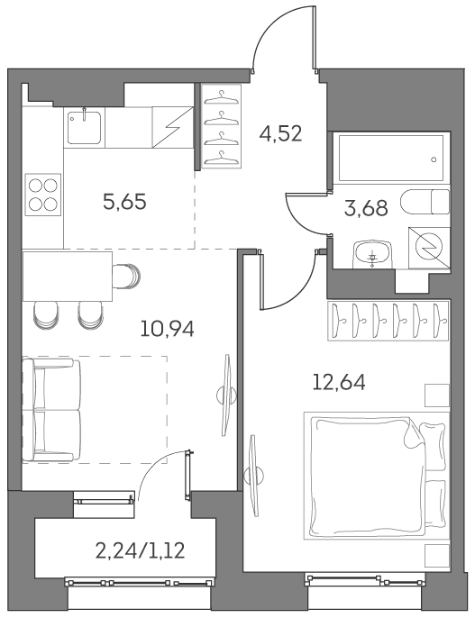 Планировка: 2-комнатная квартира, 38,6 м²