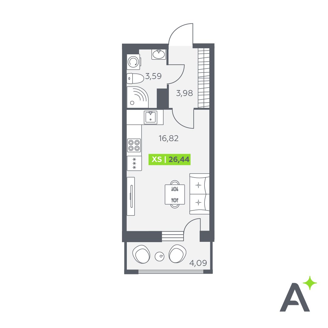 Планировка: студия, 26,4 м²