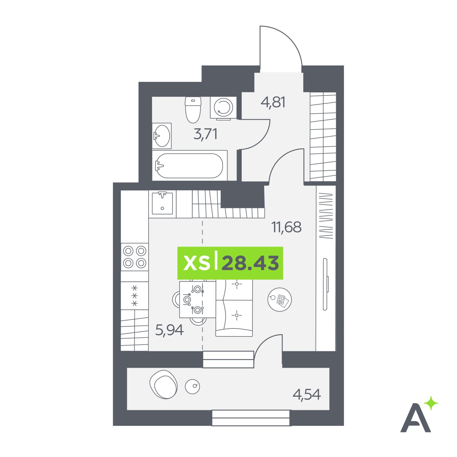 Планировка: студия, 28,4 м²