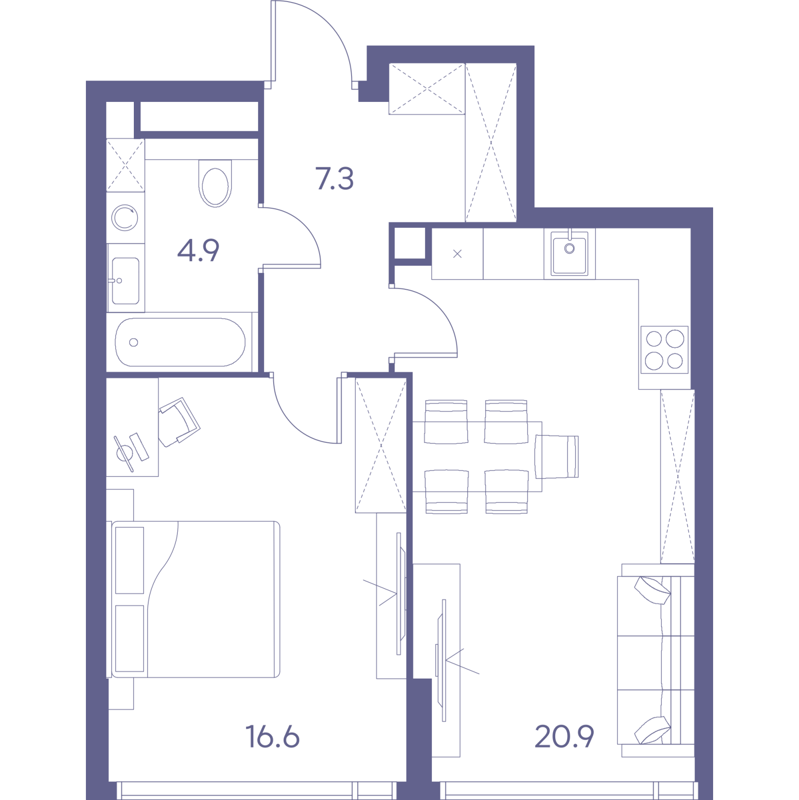 Планировка: 2-комнатная квартира, 49,7 м²