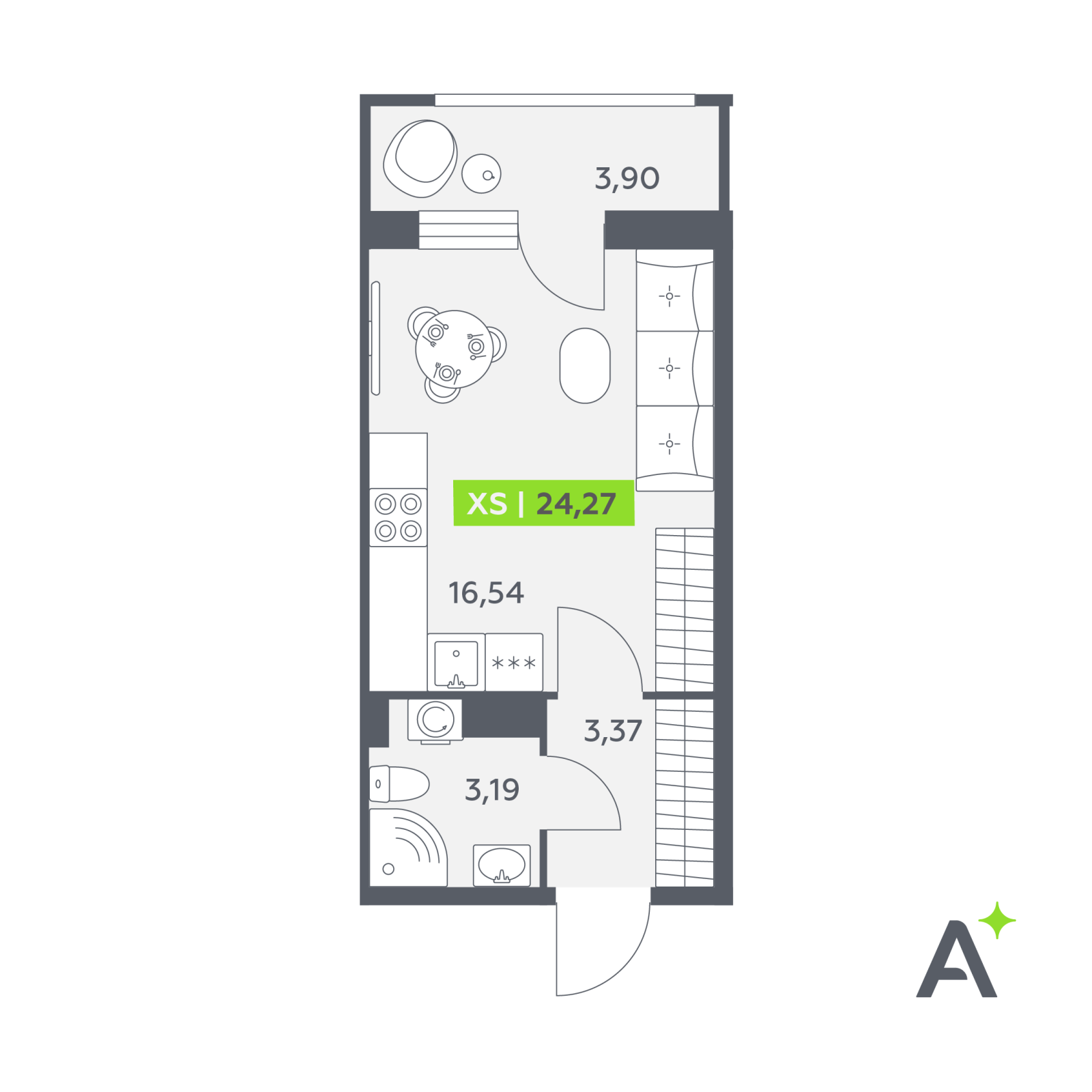 Планировка: студия, 24,3 м²