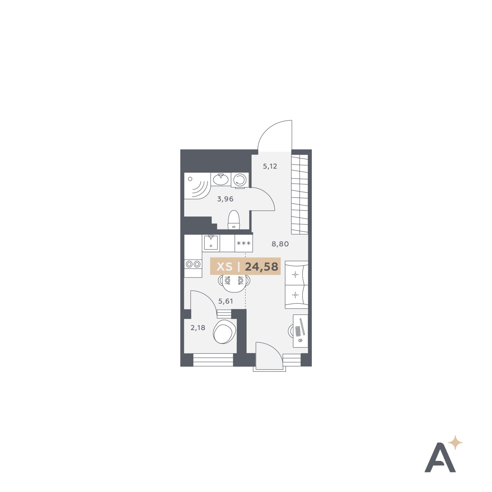 Планировка: студия, 24,6 м²