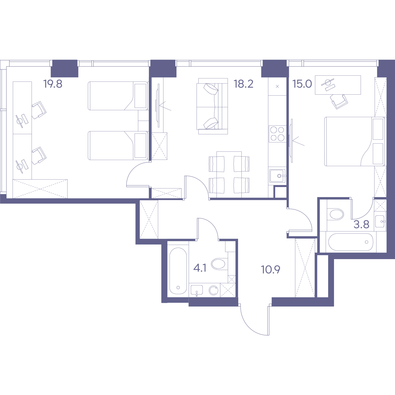 Планировка: 3-комнатная квартира, 71,8 м²