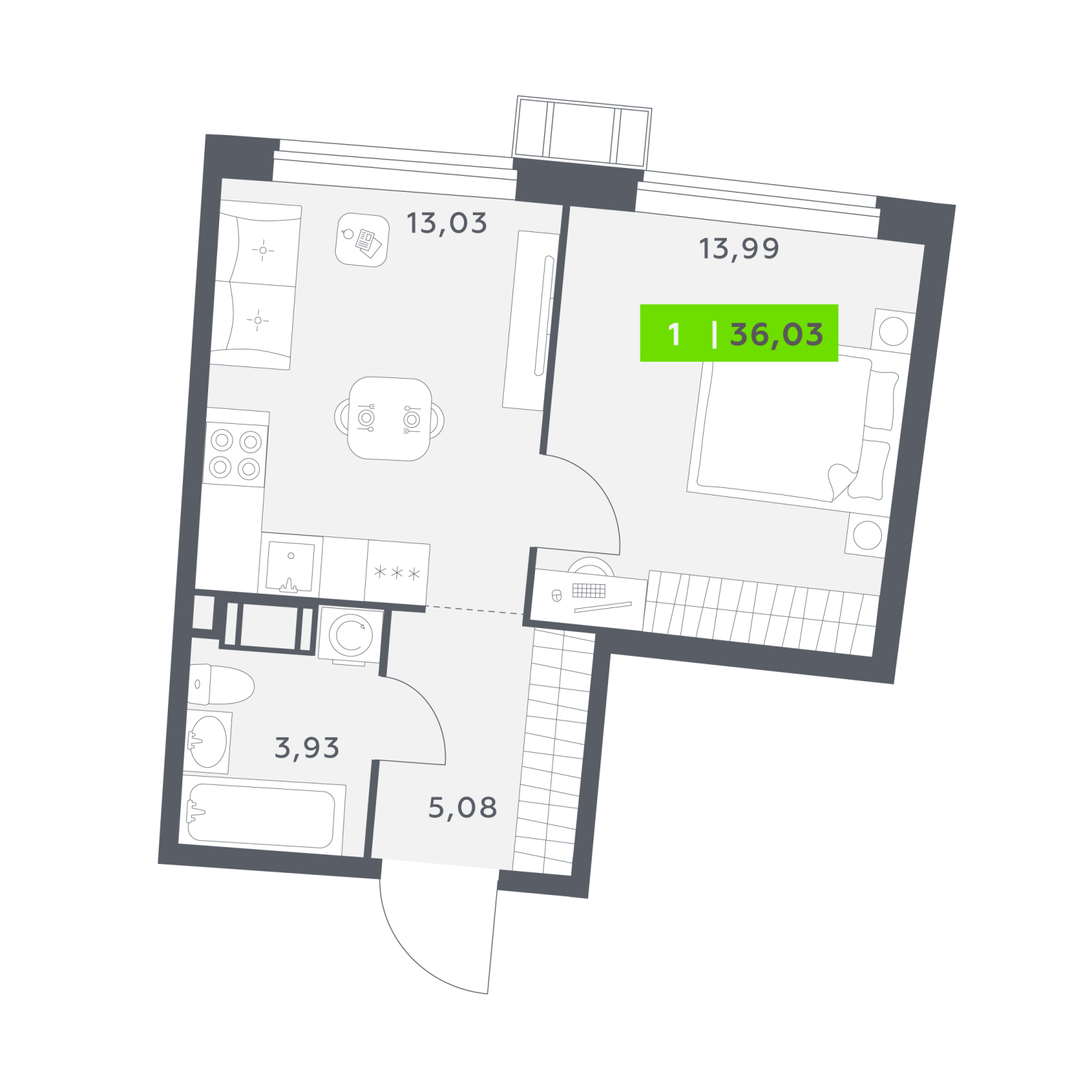 Планировка: 1-комнатная квартира, 36,0 м²