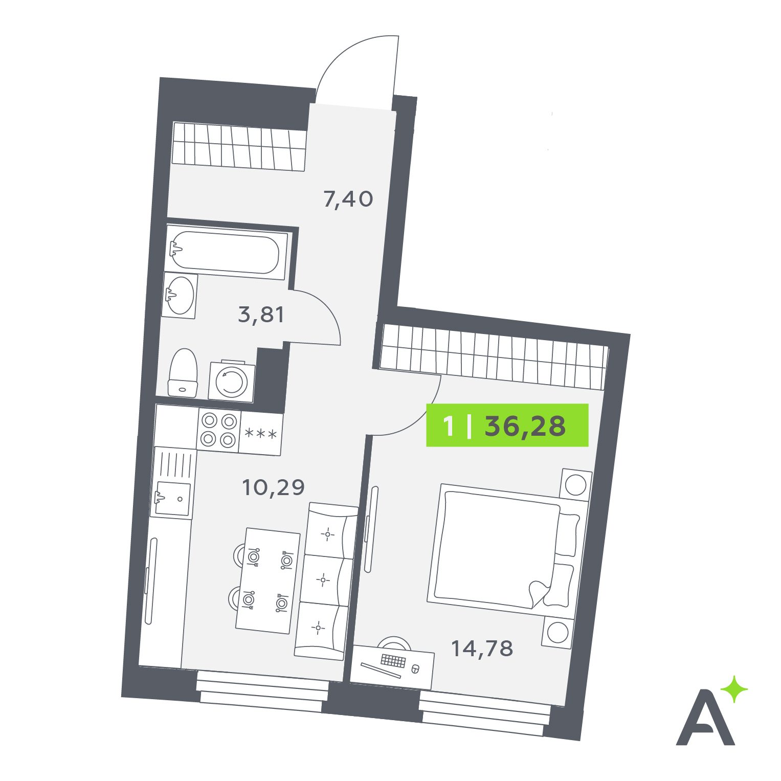 Планировка: 1-комнатная квартира, 36,3 м²