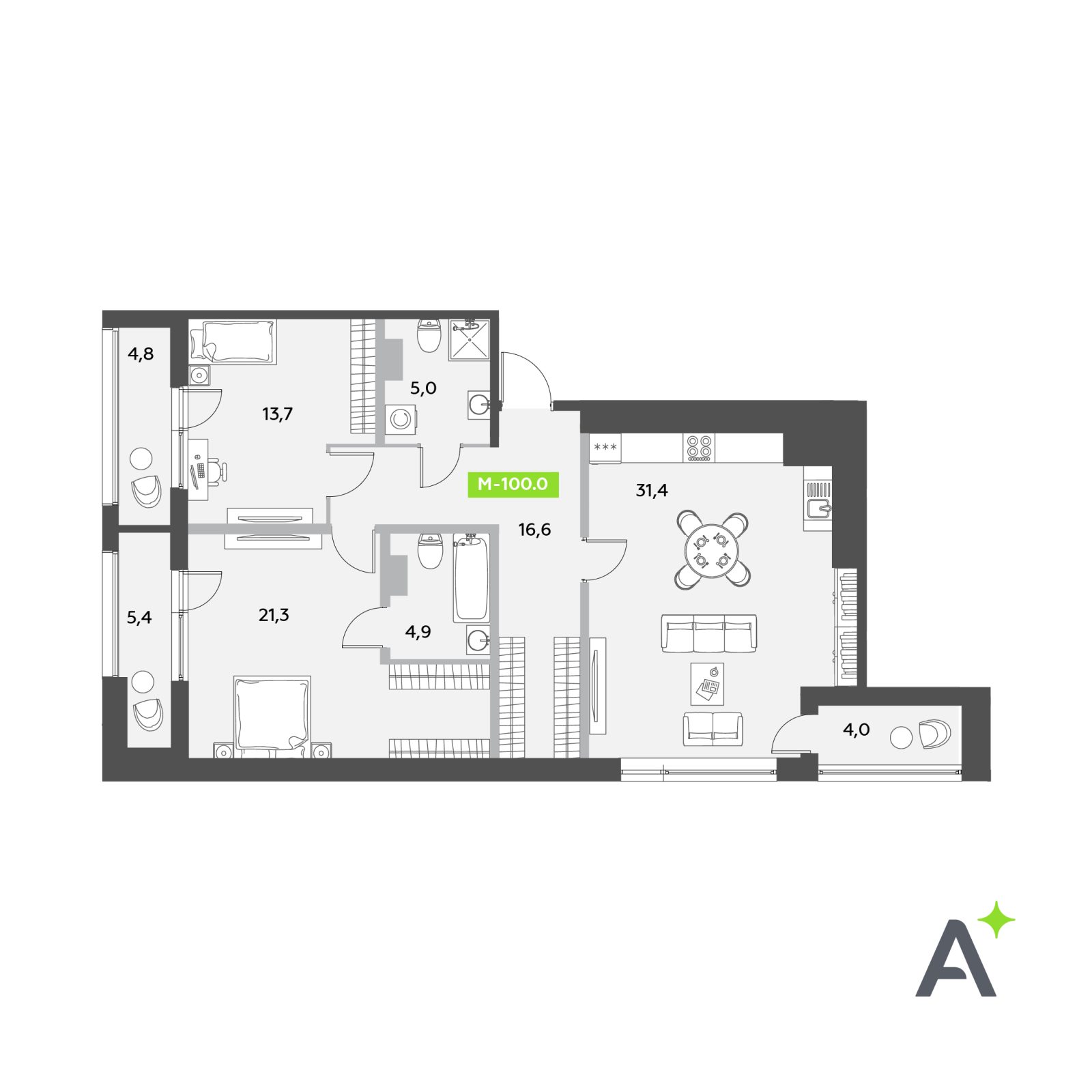 Планировка: 3-комнатная квартира, 100,0 м²