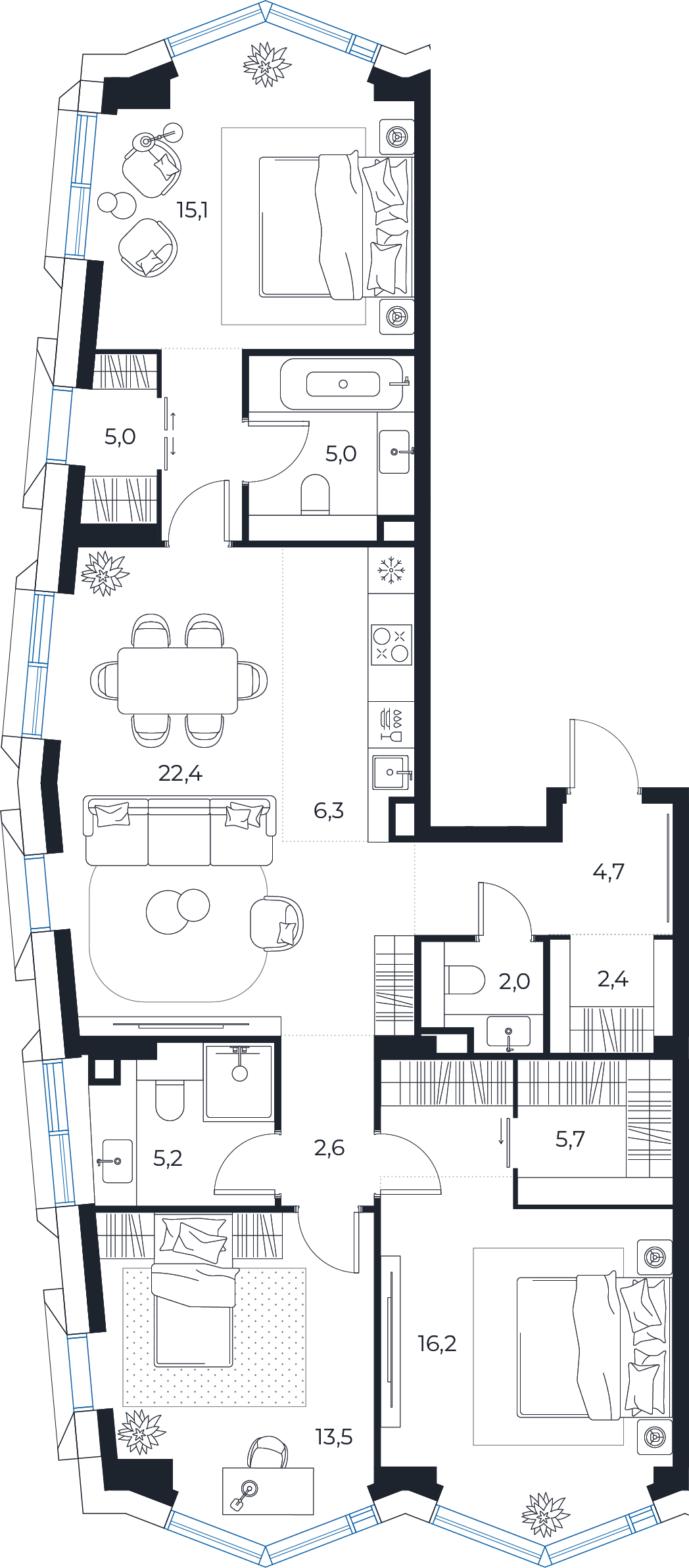 Планировка: 3-комнатная квартира, 106,1 м²