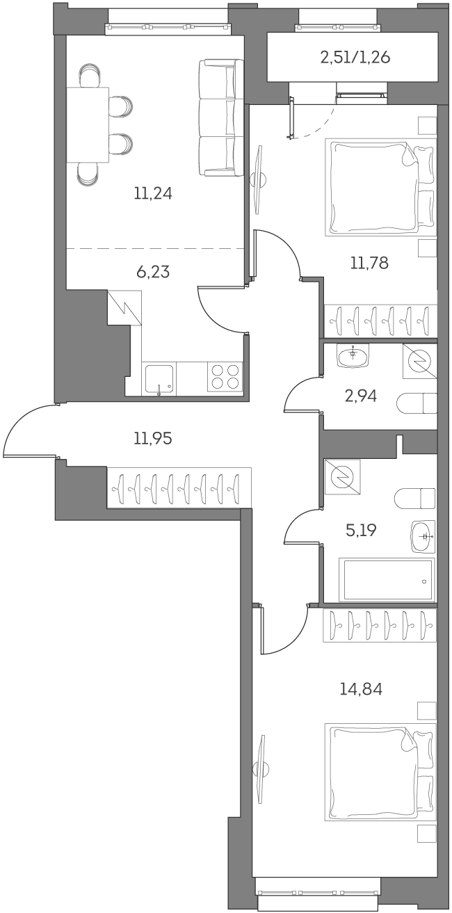 Планировка: 3-комнатная квартира, 65,4 м²
