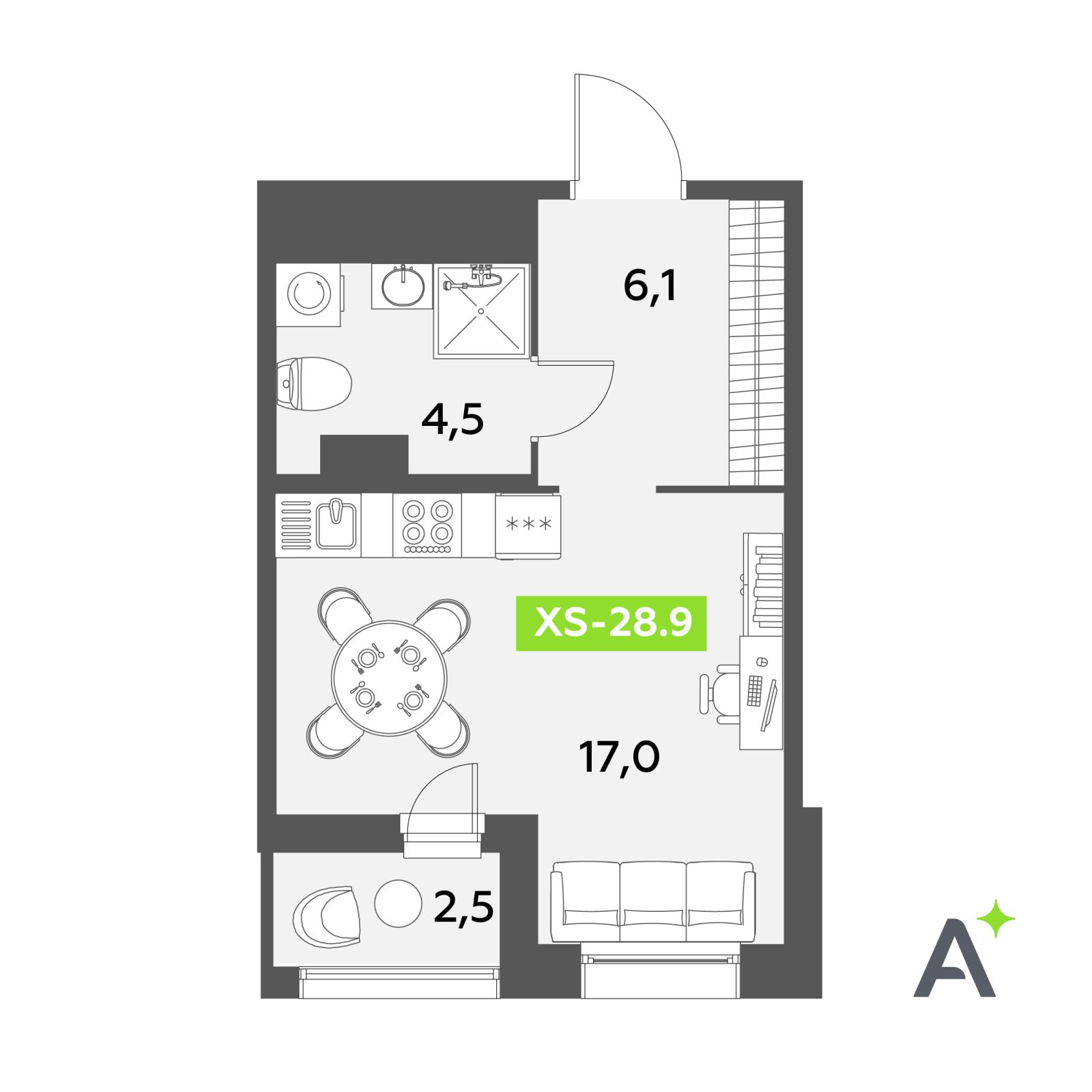 Планировка: студия, 28,9 м²