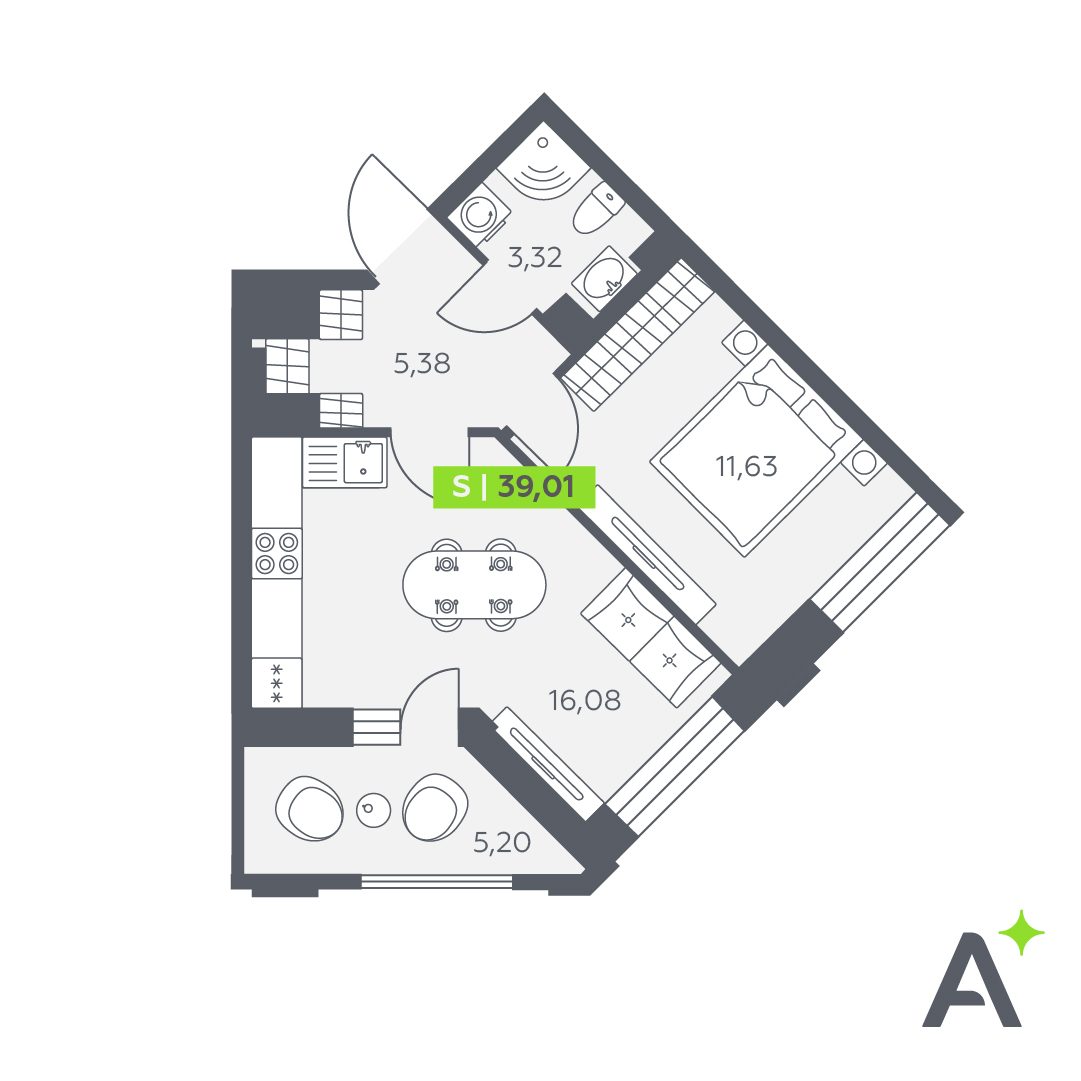 Планировка: 2-комнатная квартира, 39,0 м²